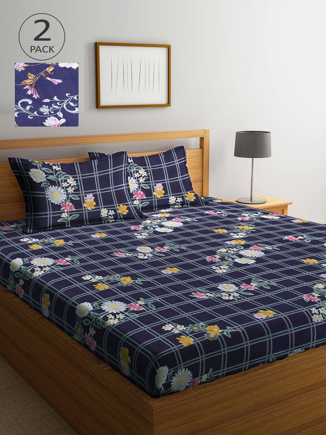 

Arrabi Navy Blue & Yellow Floral 300 TC 2 King Bedsheet with 4 Pillow Covers