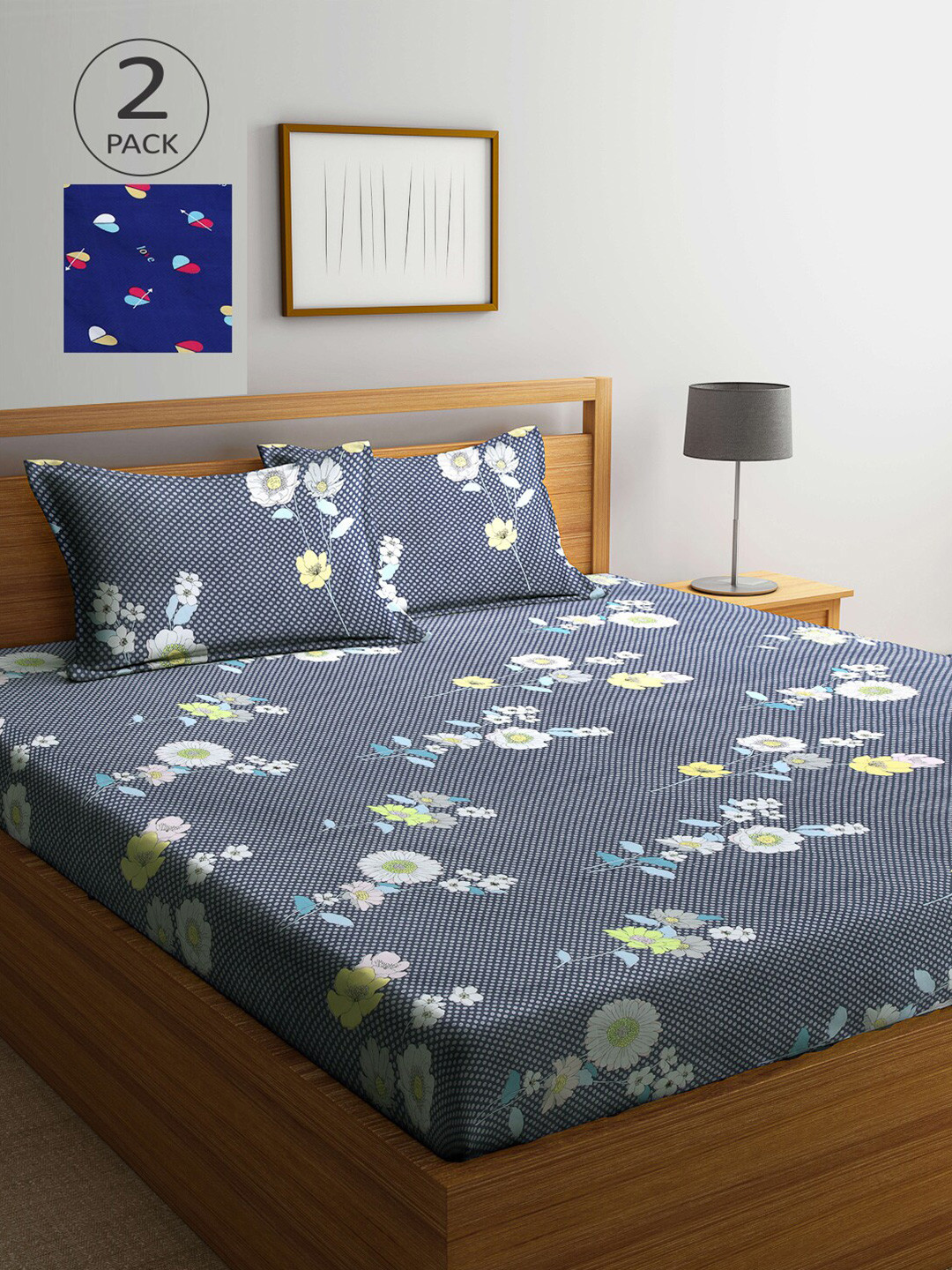 

Arrabi Blue & Pink Floral 300 TC 2 King Bedsheet with 4 Pillow Covers