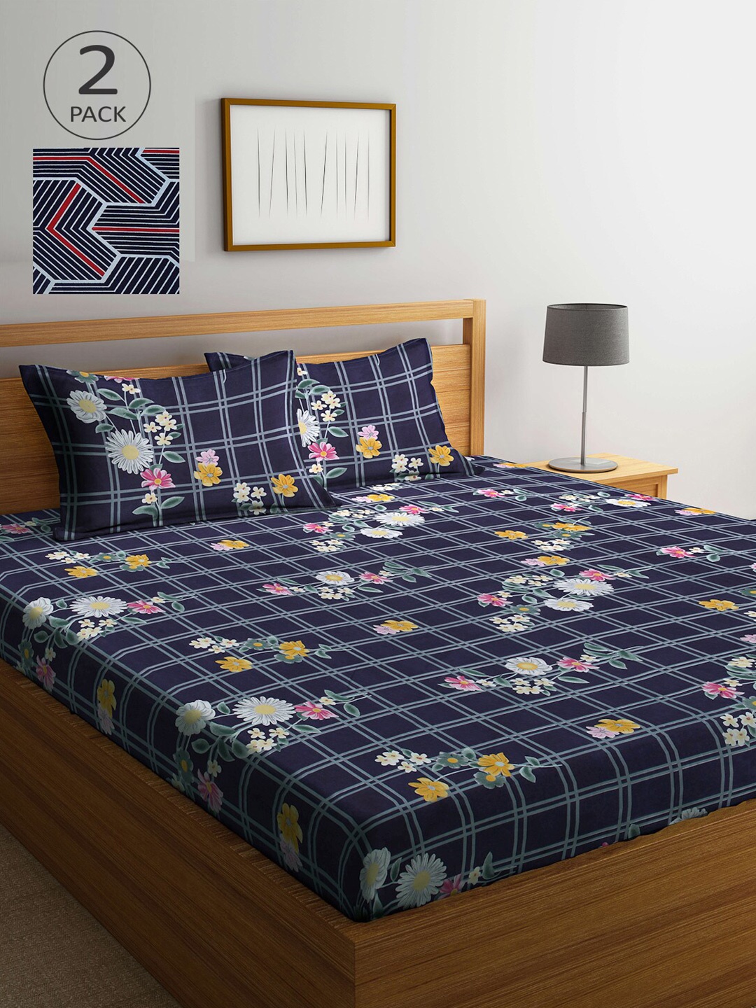 

Arrabi Blue & Red Floral 300 TC 2 King Bedsheet with 4 Pillow Covers