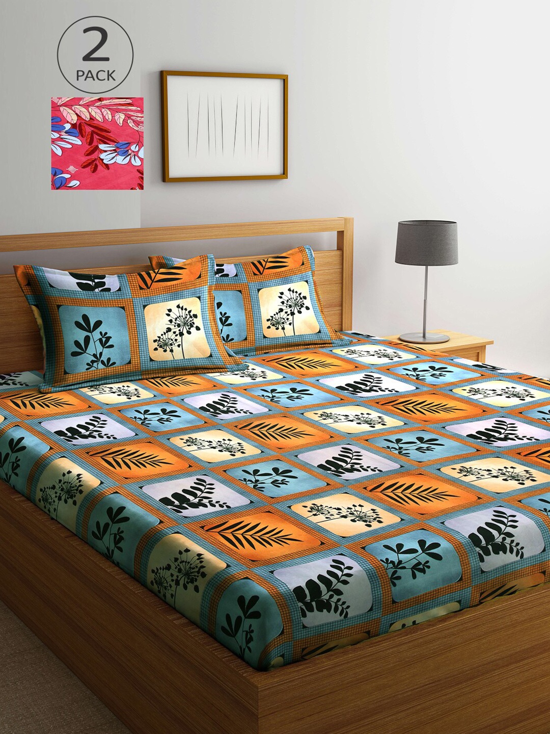 

Arrabi Pack of 2 Orange & Blue Floral 300 TC 2 King Bedsheet with 4 Pillow Covers