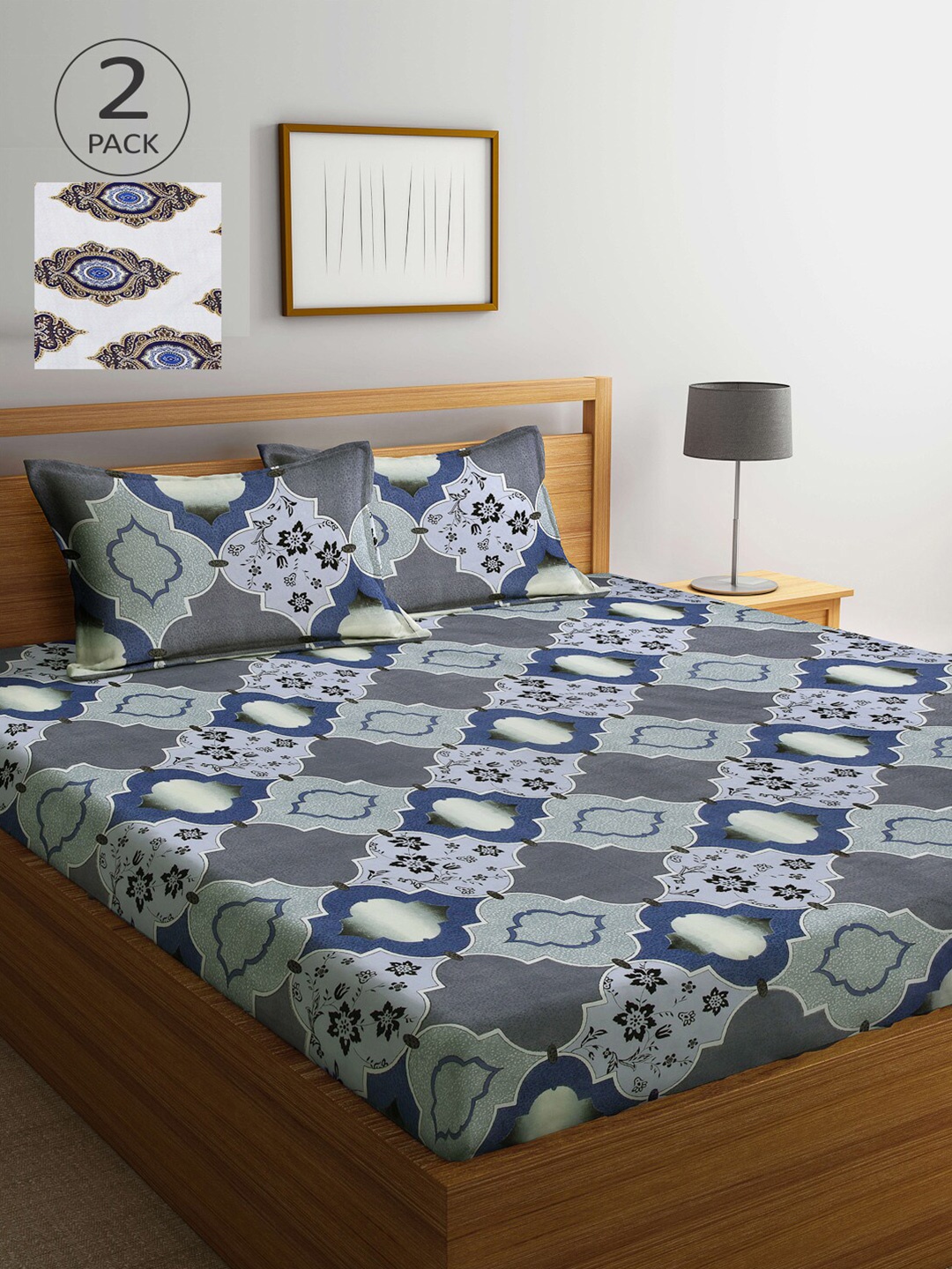 

Arrabi Grey & White Graphic 300 TC 2 King Bedsheet with 4 Pillow Covers