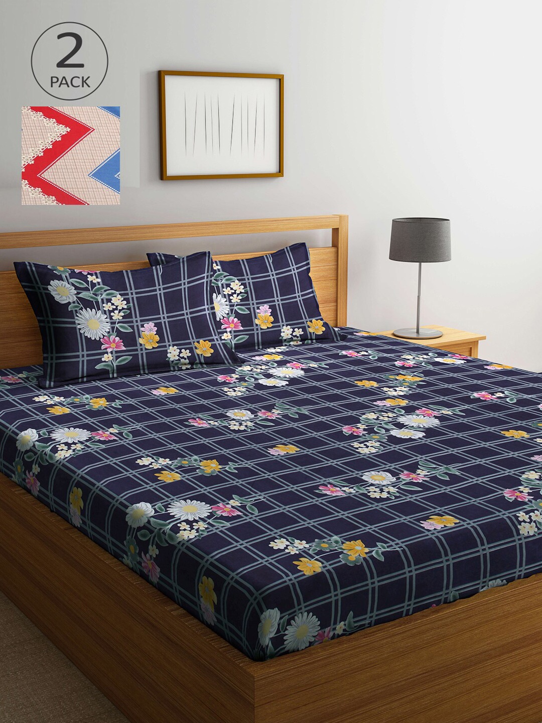 

Arrabi Red & Blue Floral 300 TC 2 King Bedsheet with 4 Pillow Covers