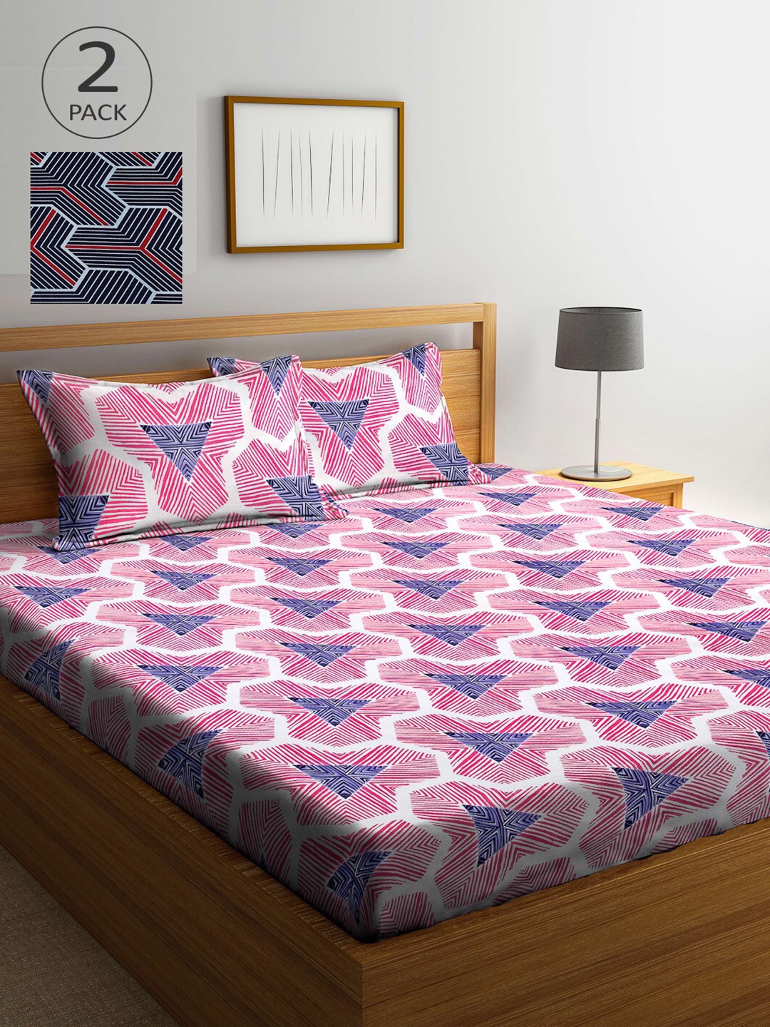 

Arrabi Pink & White Geometric 300 TC 2 King Bedsheet with 4 Pillow Covers