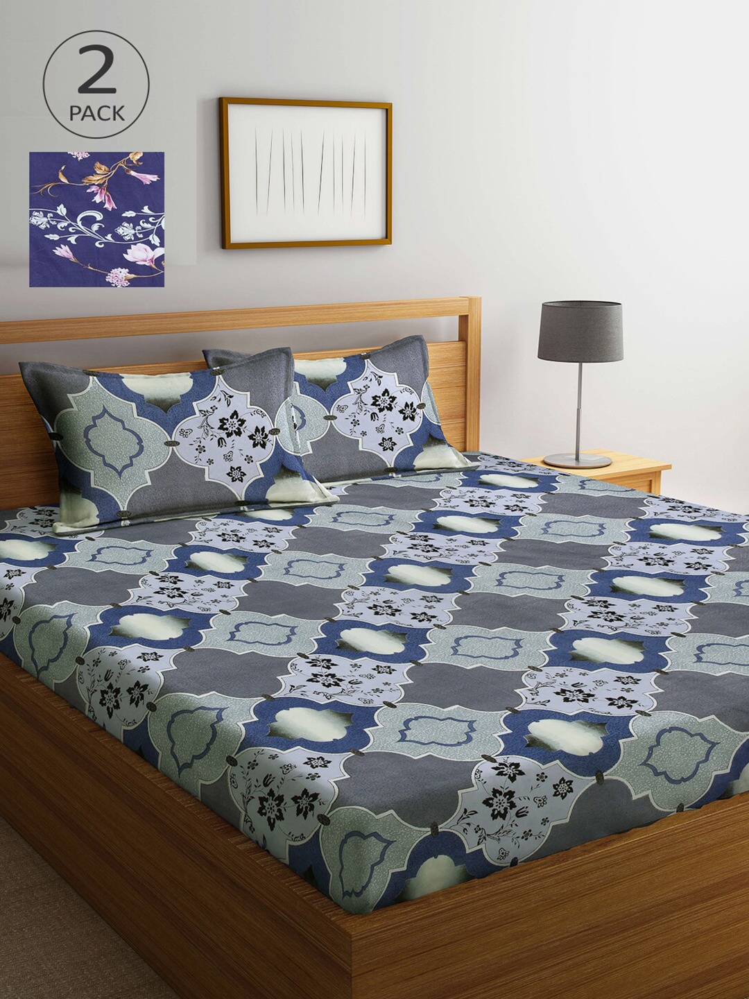 

Arrabi Blue & Black Graphic 300 TC 2 King Bedsheet with 4 Pillow Covers