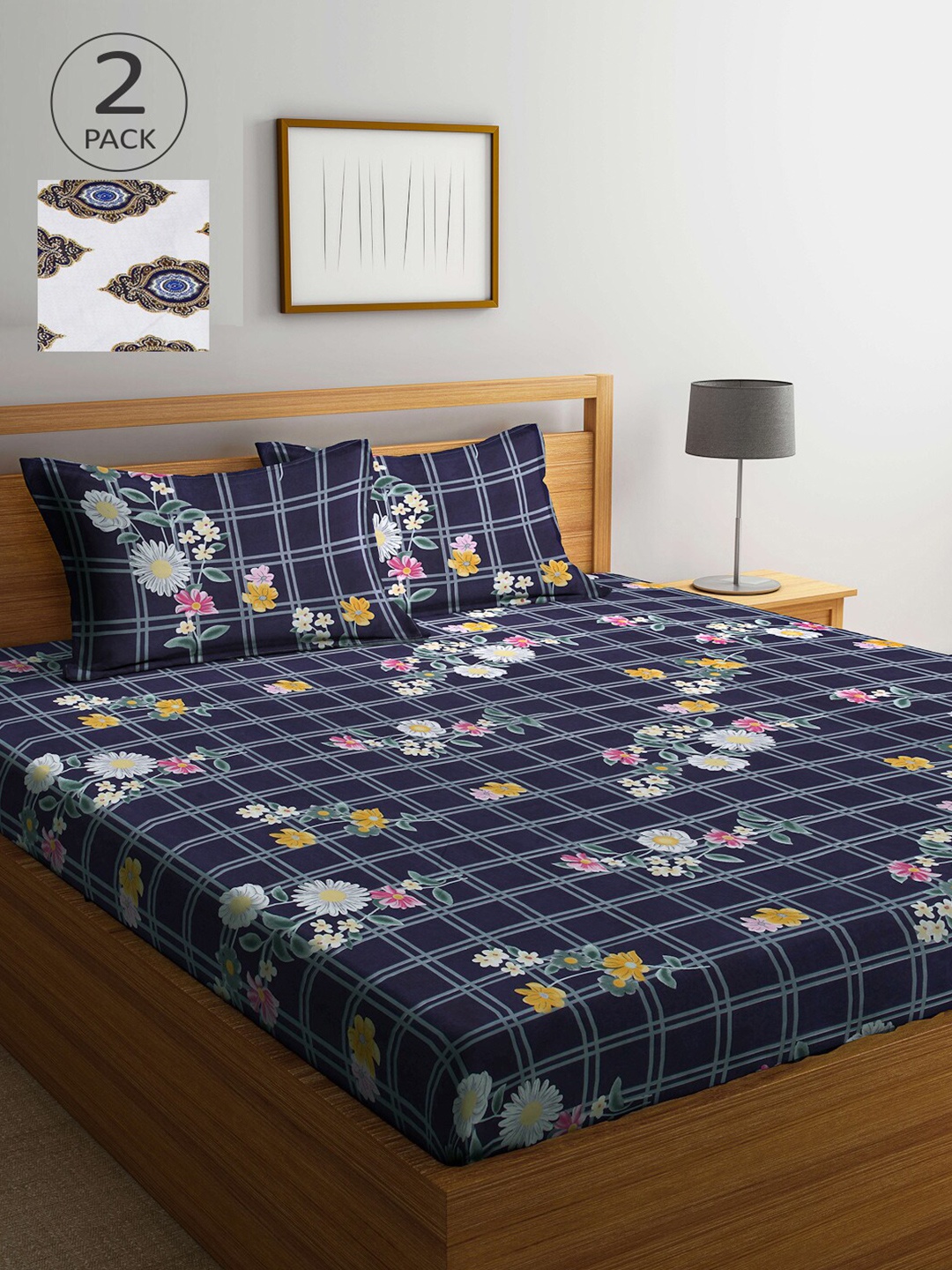 

Arrabi Navy Blue & White Floral 300 TC 2 King Bedsheet with 4 Pillow Covers