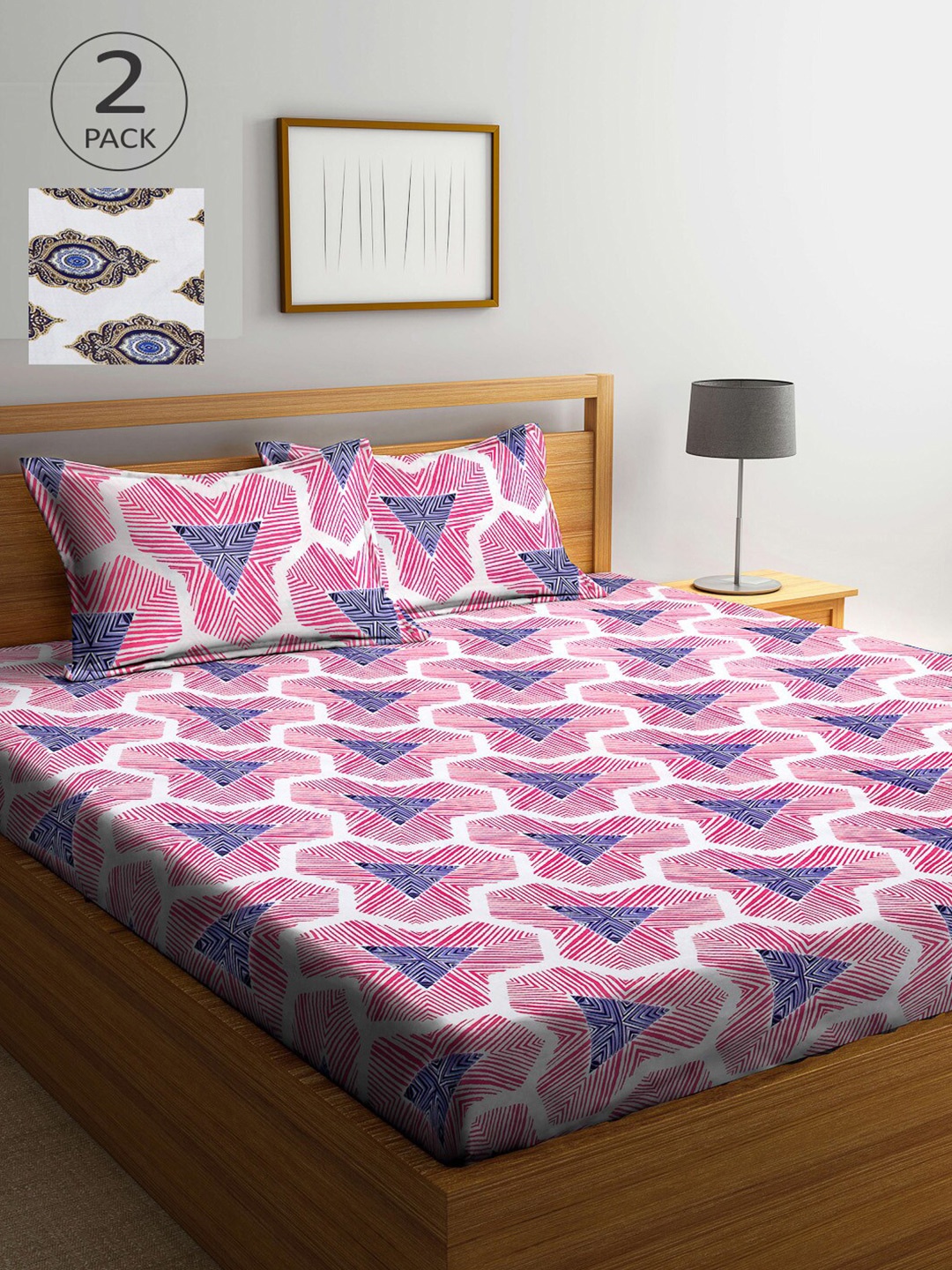 

Arrabi Rose & Blue Geometric 300 TC 2 King Bedsheet with 4 Pillow Covers