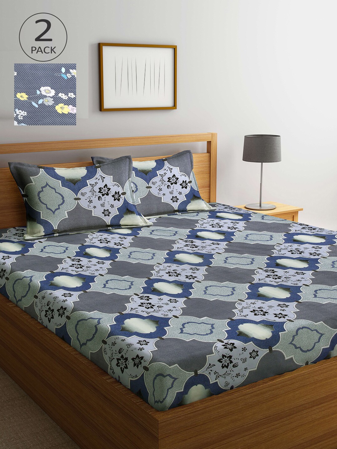 

Arrabi Blue & Grey Graphic 300 TC 2 King Bedsheet with 4 Pillow Covers