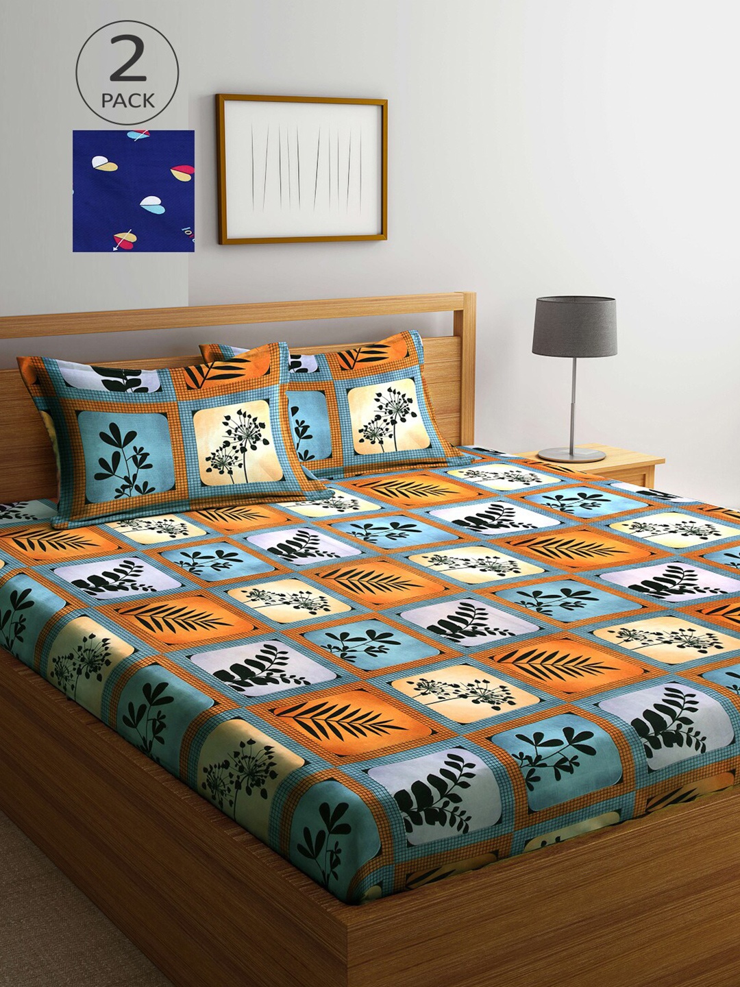 

Arrabi Pack of 2 Orange & Blue Floral 300 TC 2 King Bedsheet with 4 Pillow Covers