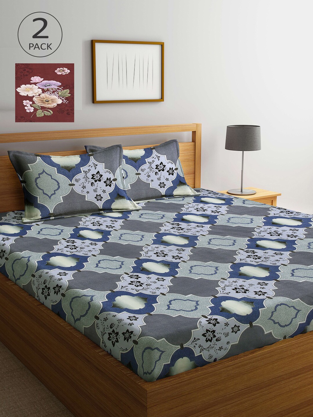 

Arrabi Grey & Brown Printed 300 TC 2 King Bedsheet with 4 Pillow Covers