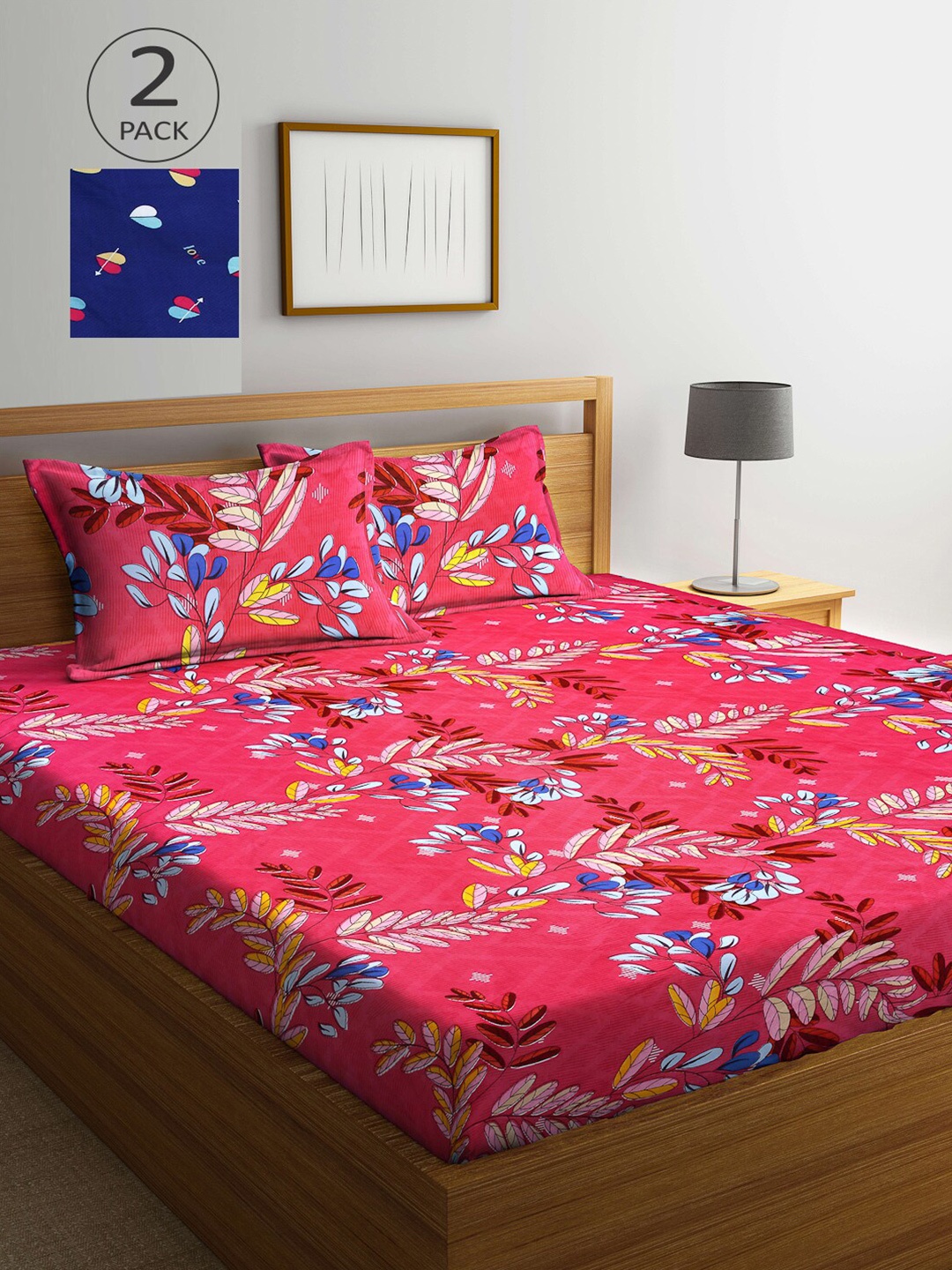 

Arrabi Pack of 2 Blue & Red Floral 300 TC 2 King Bedsheet with 4 Pillow Covers