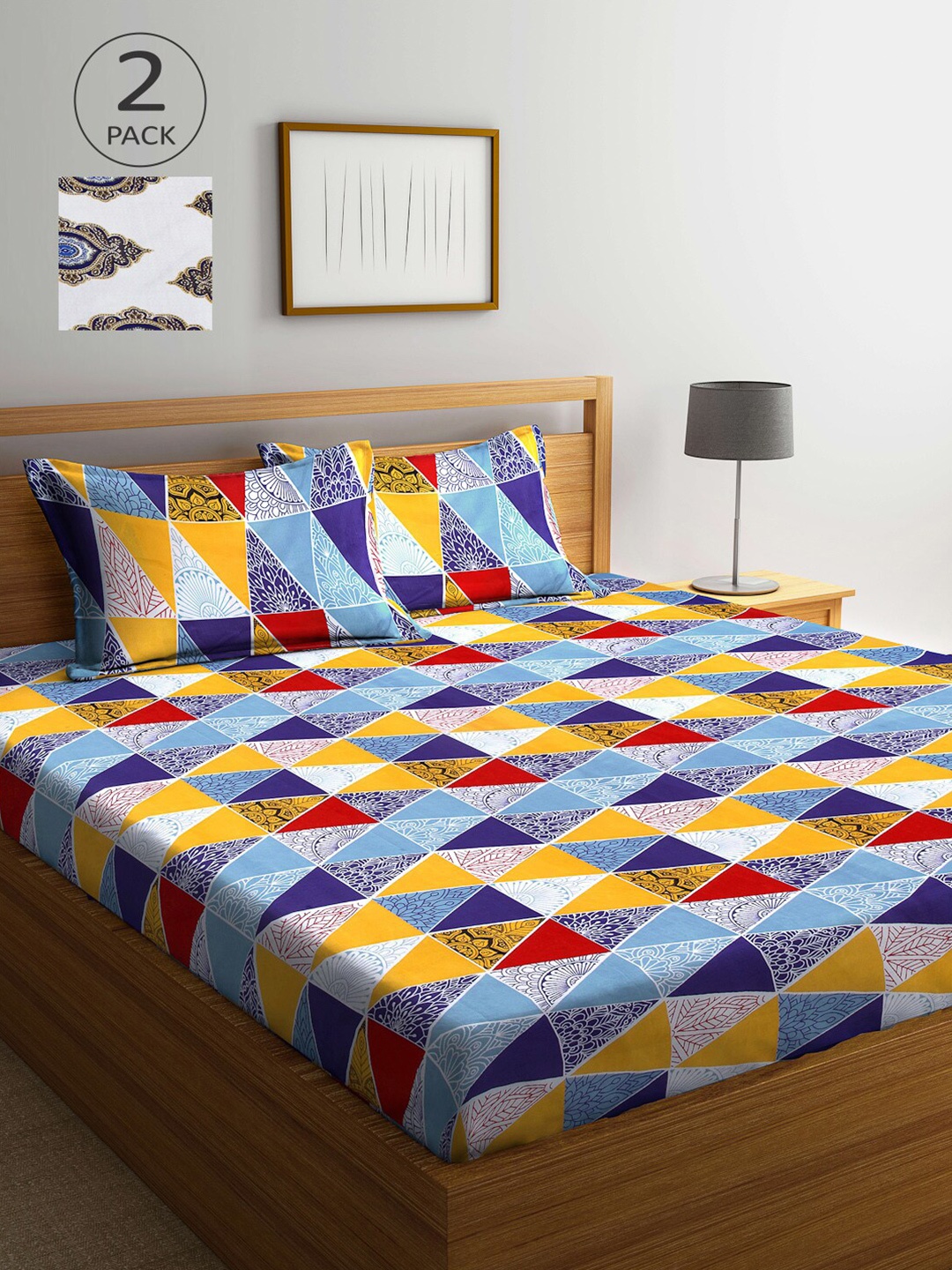 

Arrabi Multicoloured Geometric 300 TC 2 King Bedsheet with 4 Pillow Covers, Multi