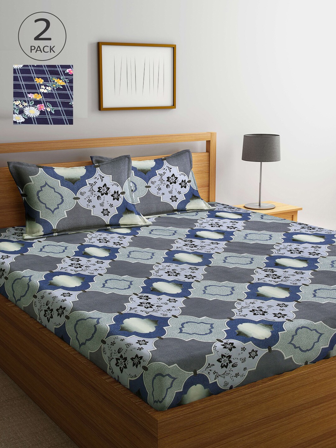 

Arrabi Blue & Grey Graphic 300 TC 2 King Bedsheet with 4 Pillow Covers