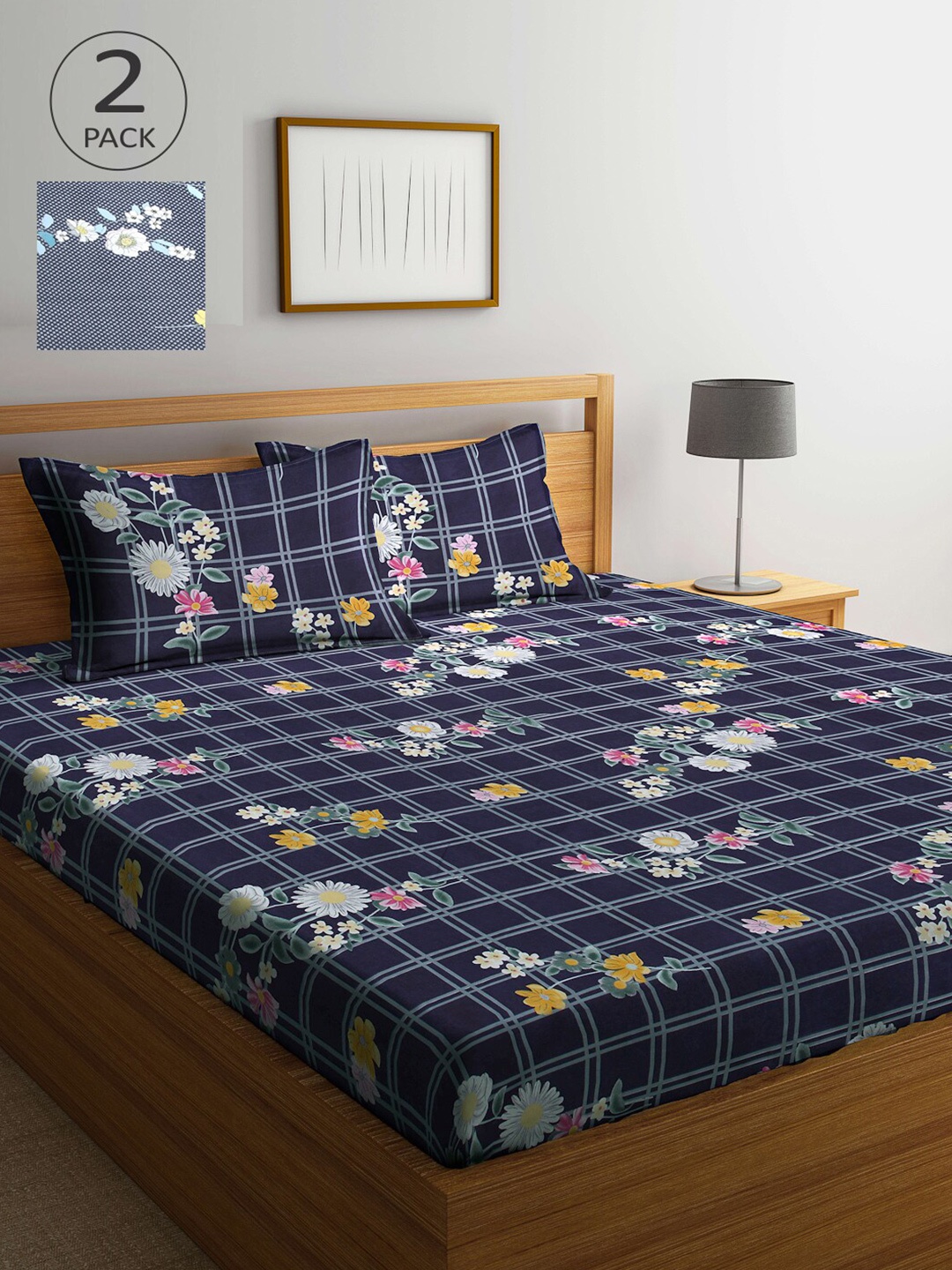 

Arrabi Grey & Navy Blue Floral 300 TC 2 King Bedsheet with 4 Pillow Covers