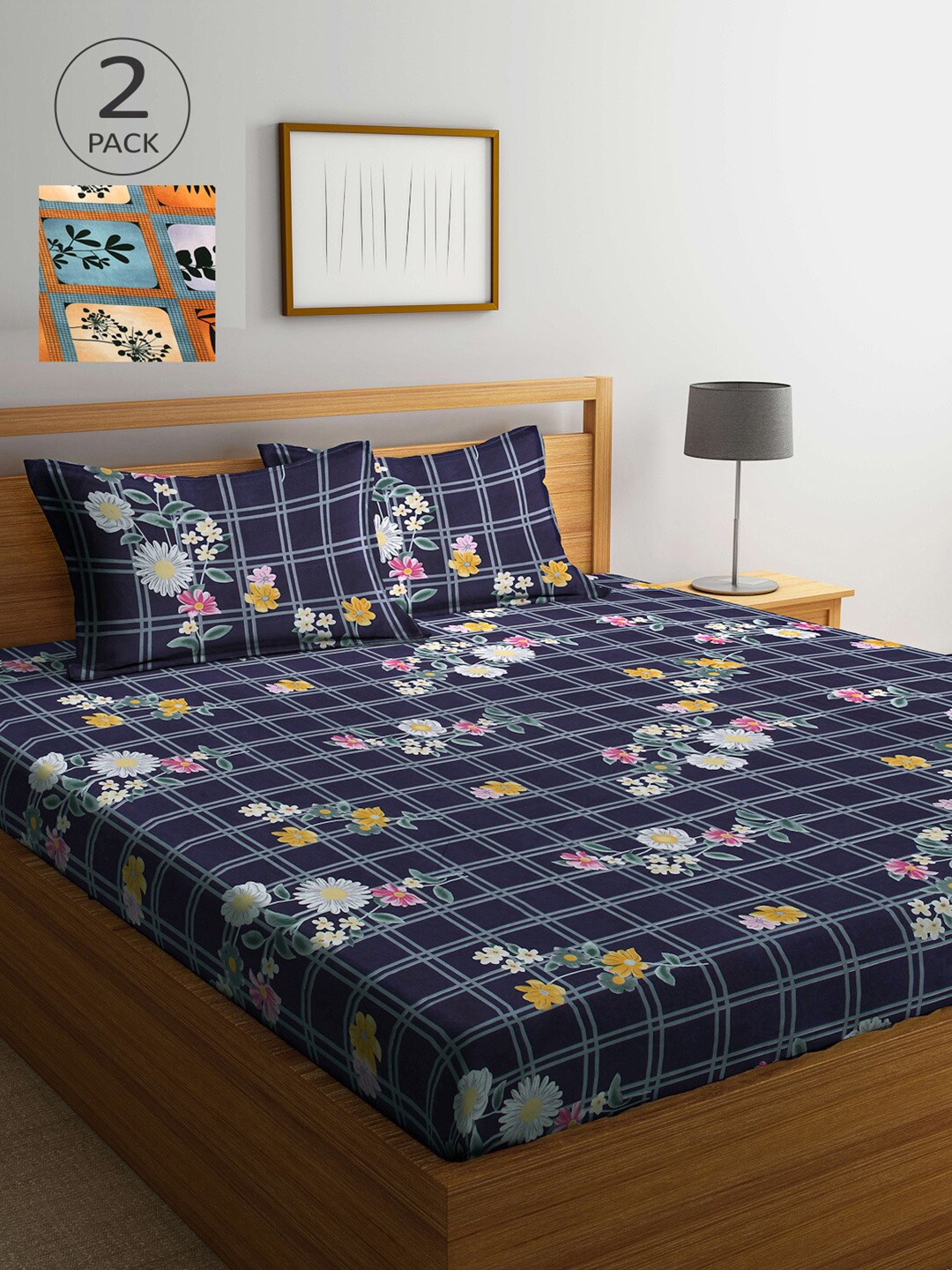 

Arrabi Orange & Blue Floral 300 TC 2 King Bedsheet with 4 Pillow Covers