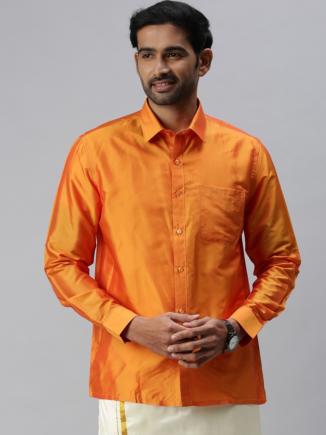 

Ramraj Men Orange Solid Silk Opaque Ethnic Shirt