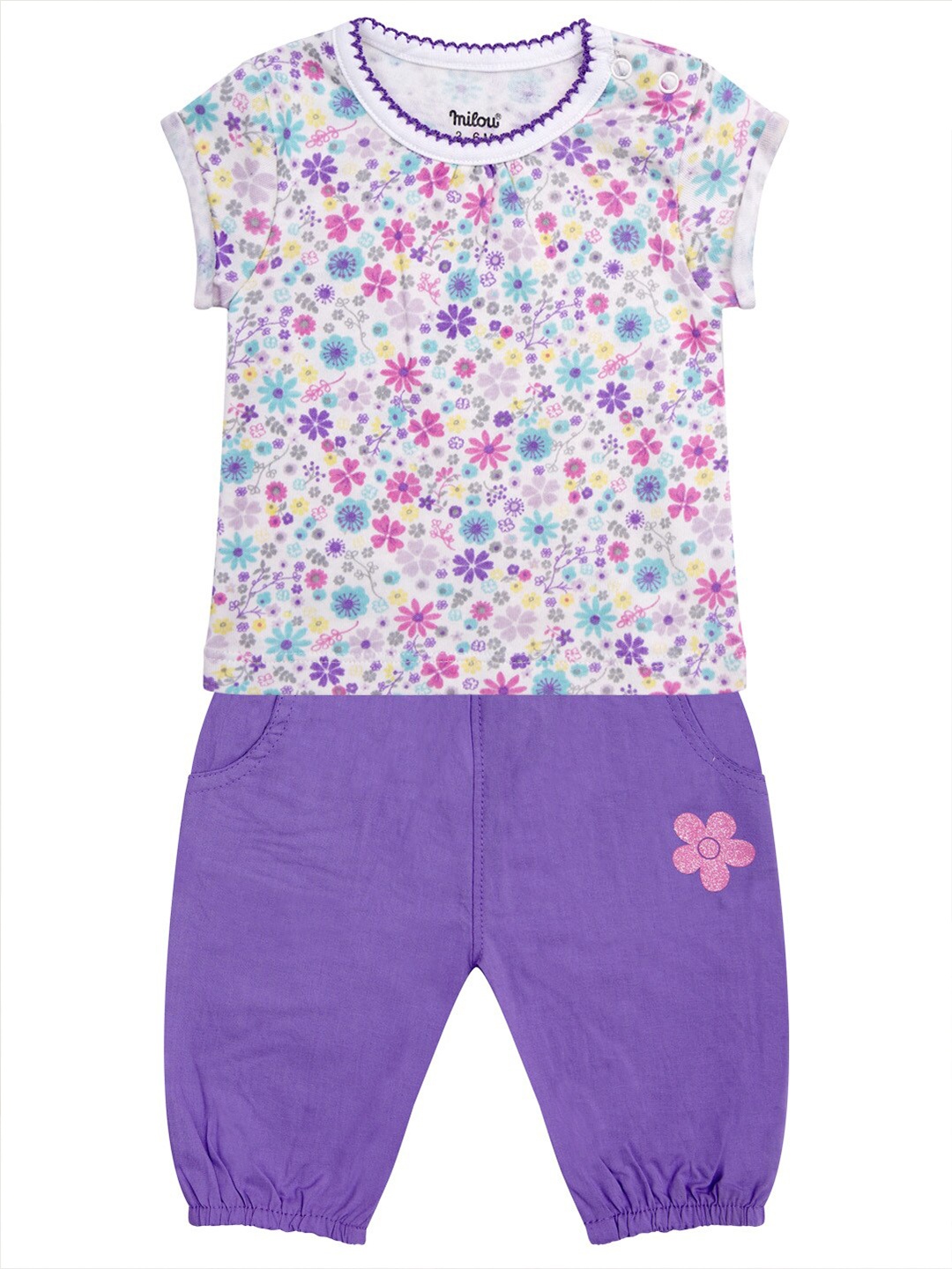 

milou Girls White & Purple Printed Top with Pyjamas