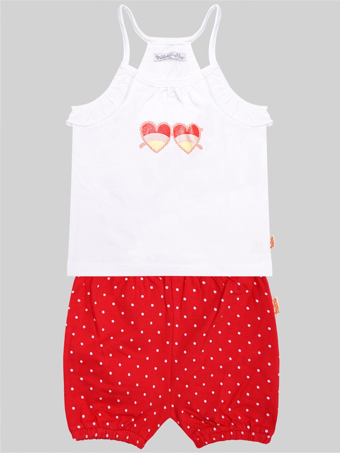 

milou Girls White & Red Printed Pure Cotton Top with Shorts