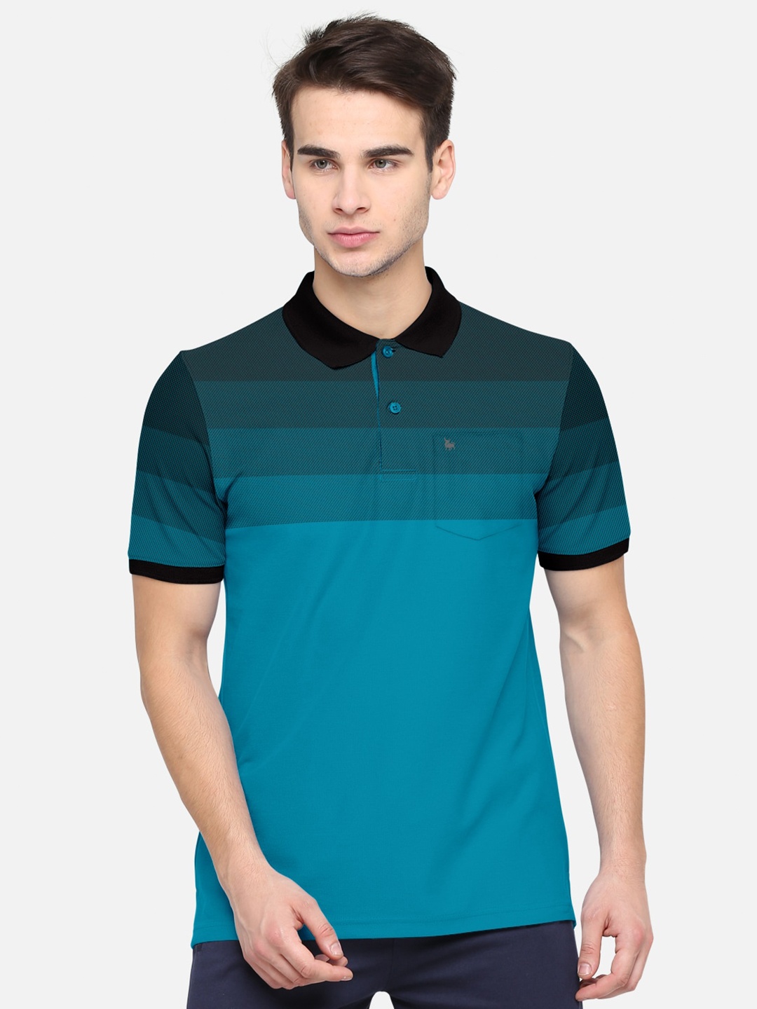 

BULLMER Men Blue & Black Striped Polo Collar Pockets Cotton T-shirt