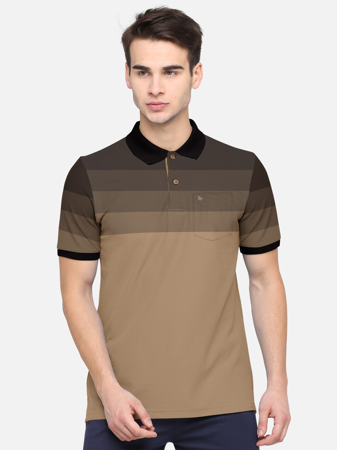 

BULLMER Men Brown & Black Striped Polo Collar Pockets Cotton T-shirt