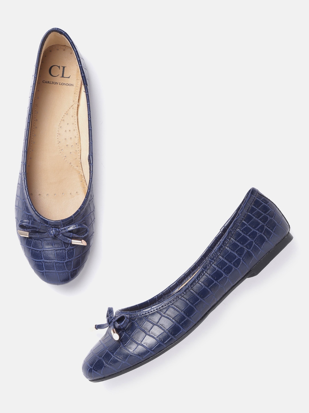 

Carlton London Women Navy Blue Croc Textured Ballerinas with Bows Detail