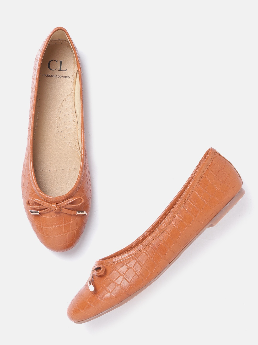 

Carlton London Women Tan Brown Croc Textured Ballerinas with Bows Detail