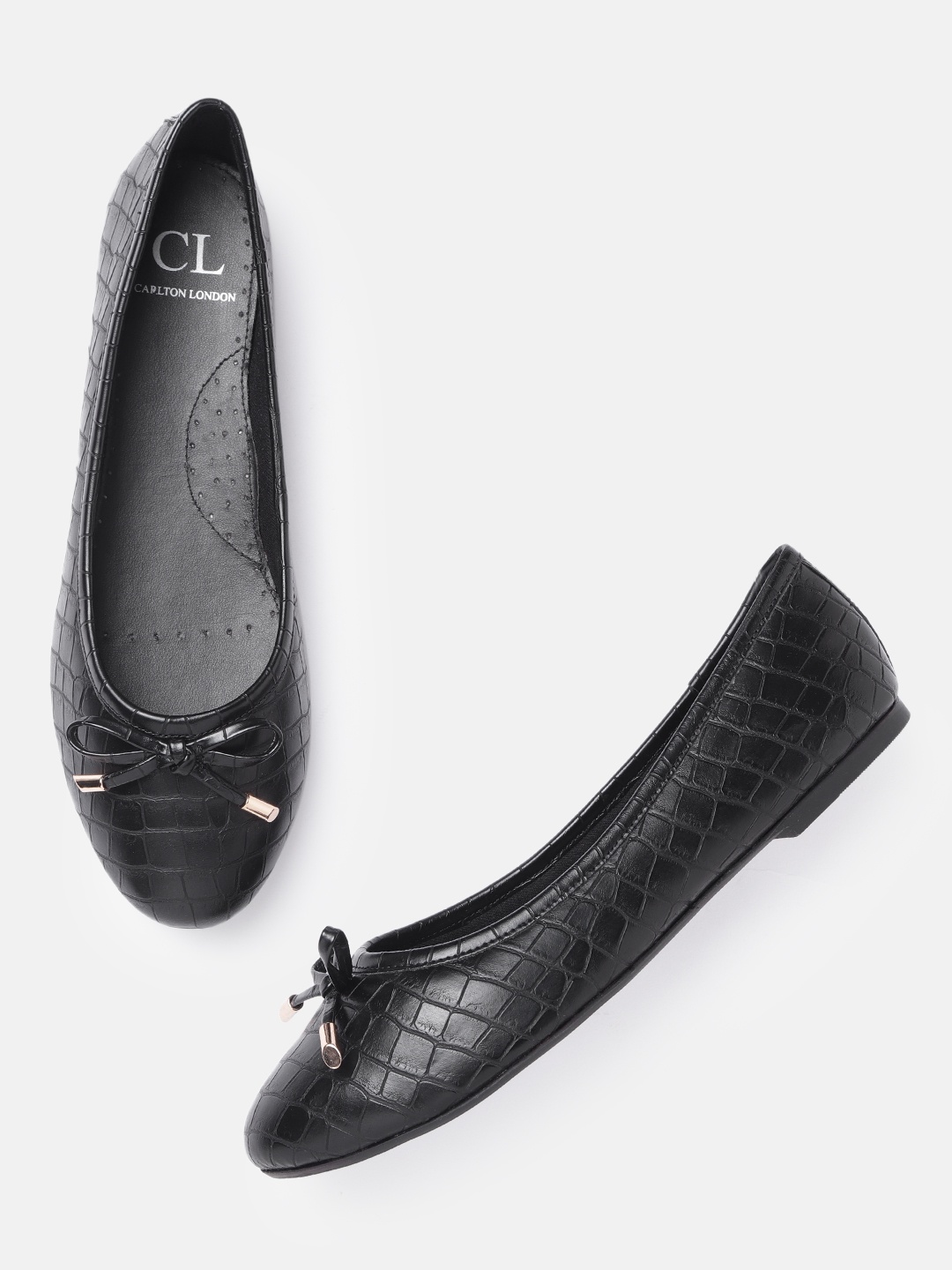 

Carlton London Women Black Croc Textured Ballerinas with Bows Detail