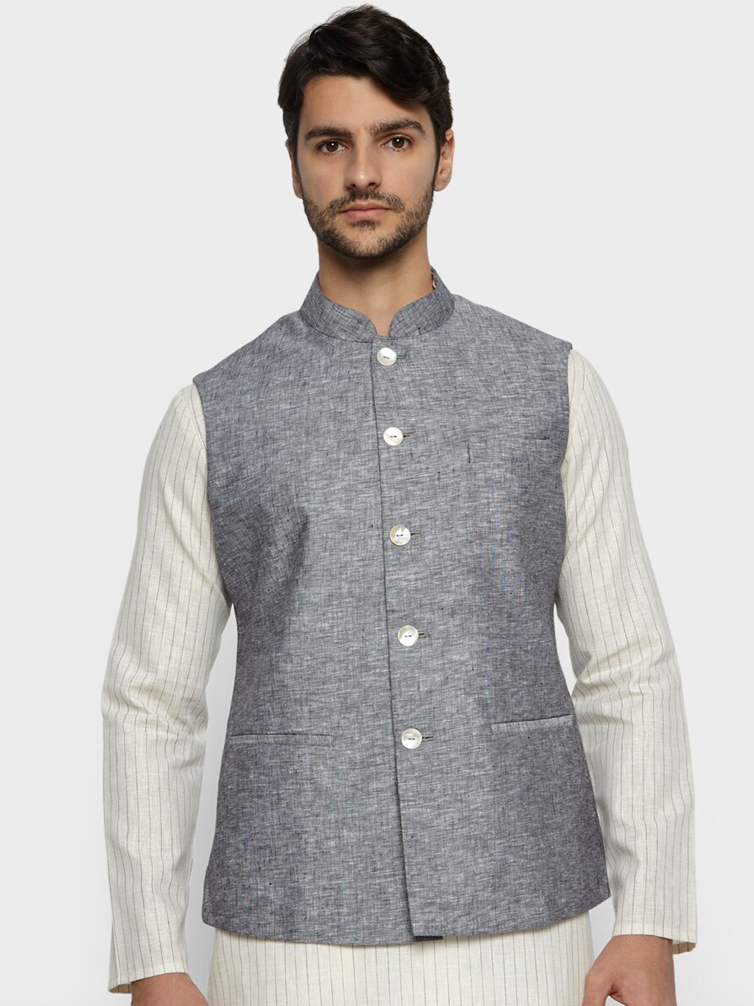 

Ethnix by Raymond Men Grey Self-Design Linen Woven Nehru Jacket