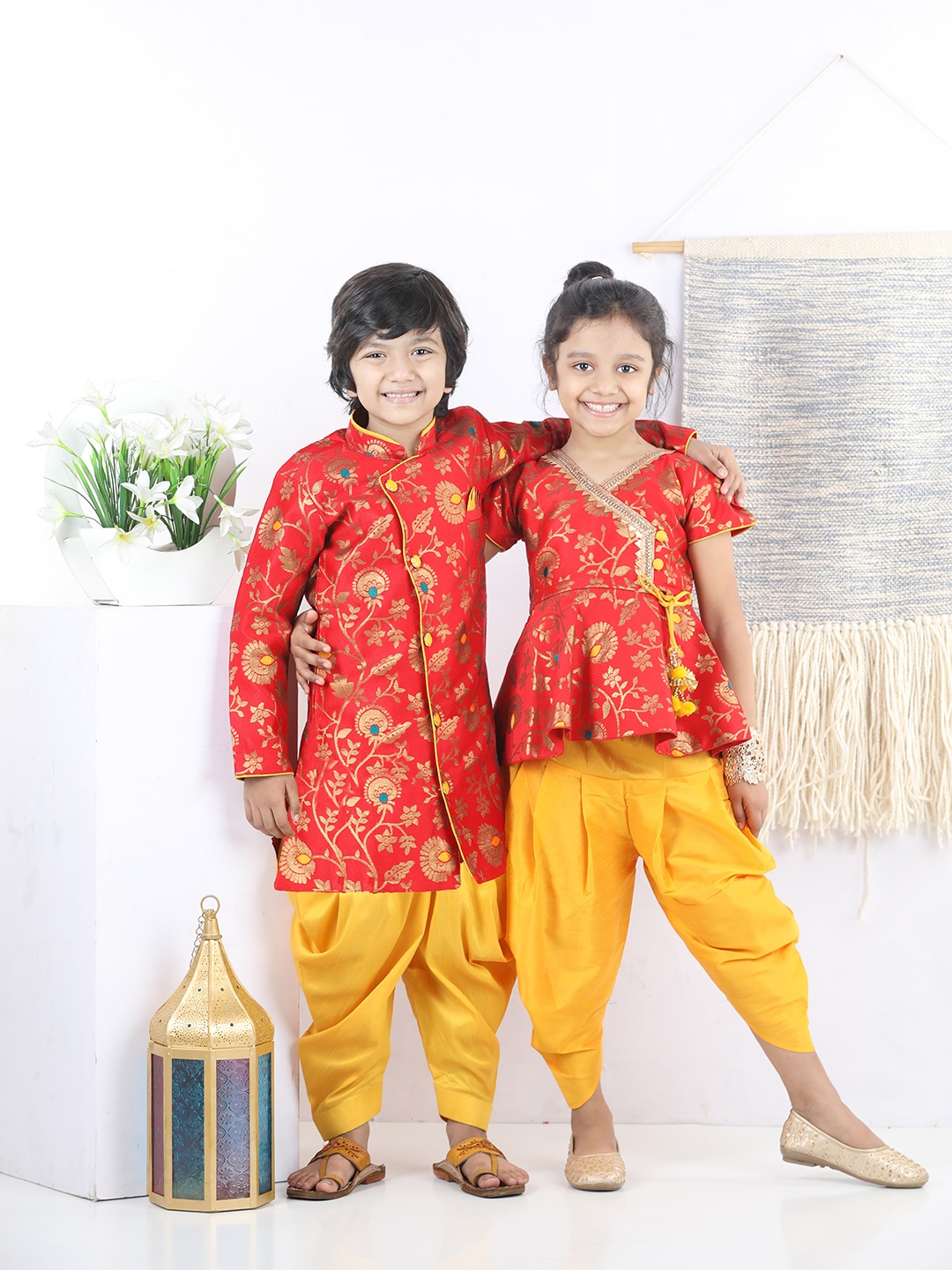 

BownBee Girls Red & Yellow Floral Printed Angrakha Top with Dhoti Pants