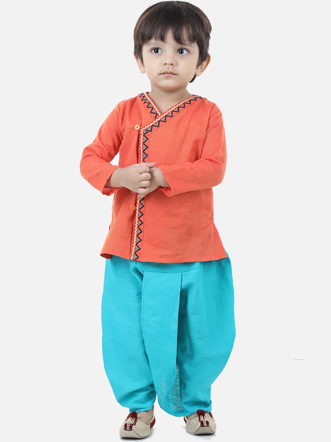 

BownBee Boys Orange Angrakha Pure Cotton Kurta with Dhoti Pants