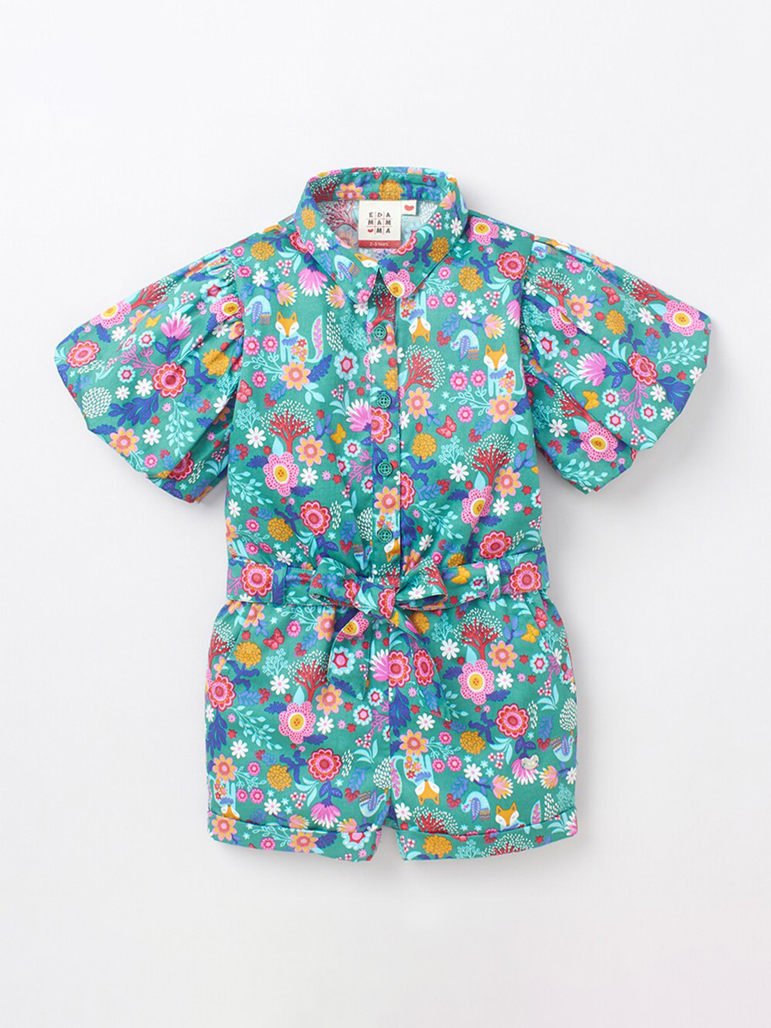

Ed-a-Mamma Girls Teal & Rose Printed Cotton Basic Jumpsuit