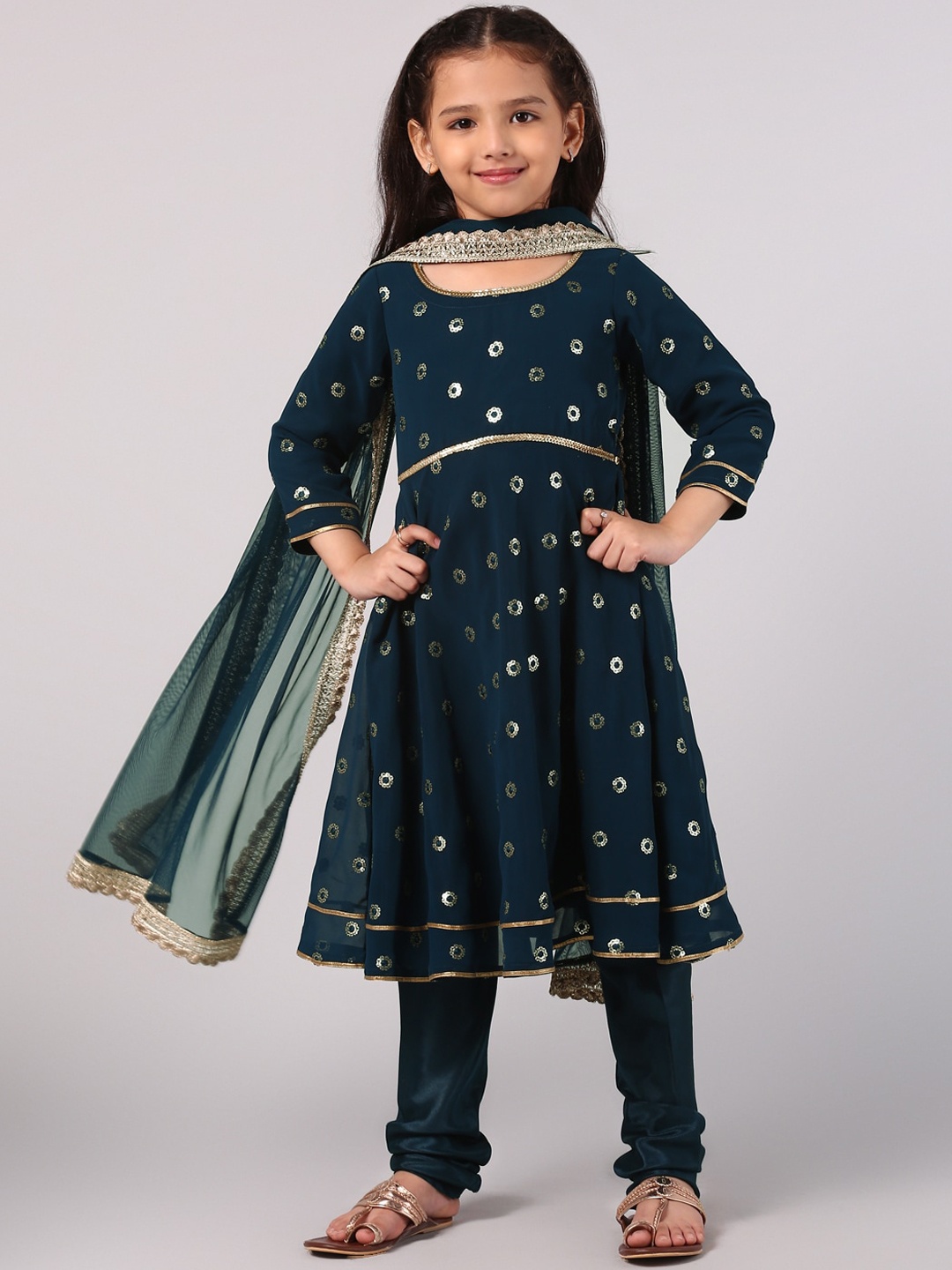 

Libas KIDS Girls Blue Ethnic Motifs Regular Kurta with Churidar & Net Dupatta