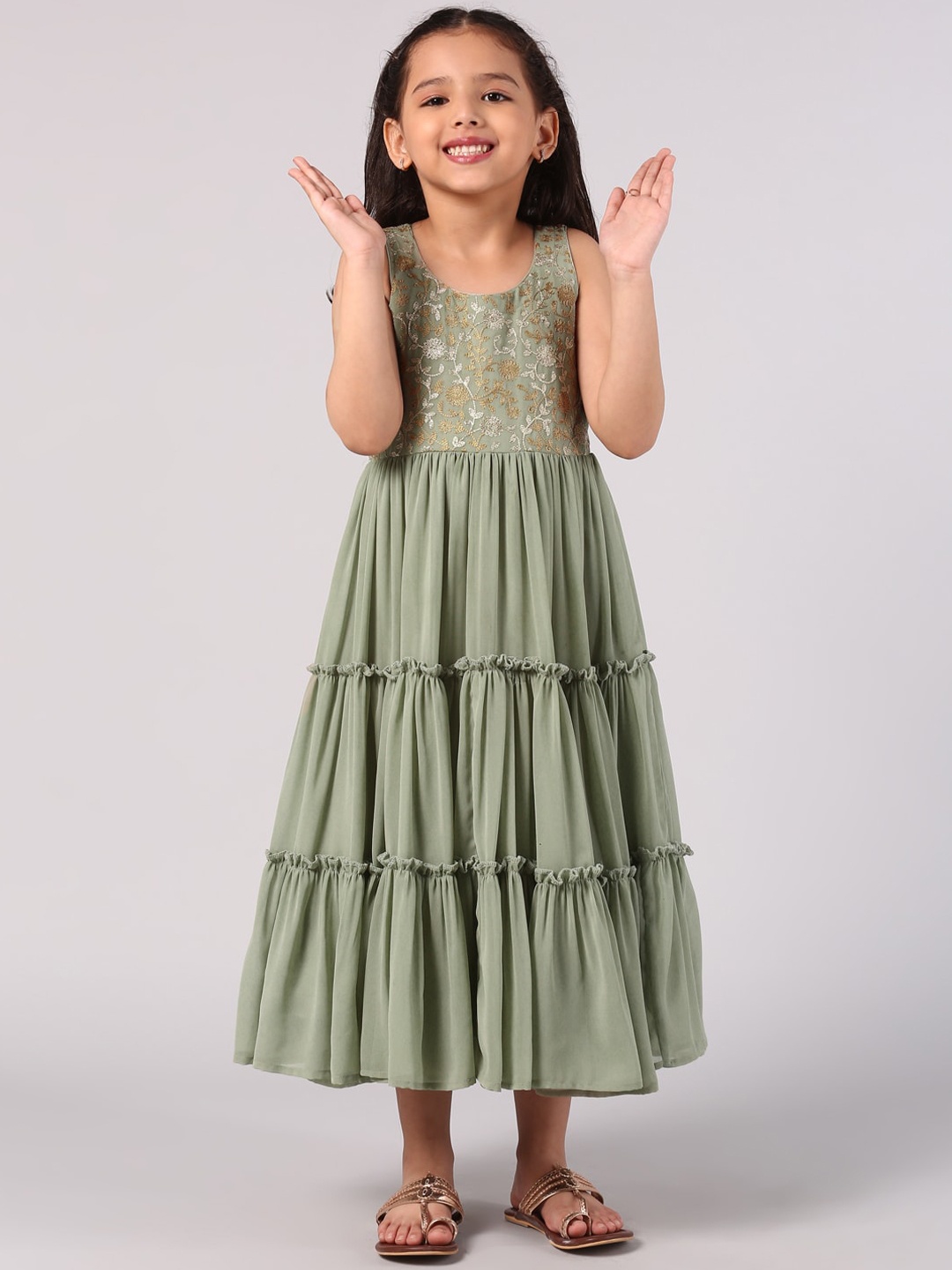 

Libas KIDS Girls Green Floral Georgette Ethnic A-Line Midi Dress