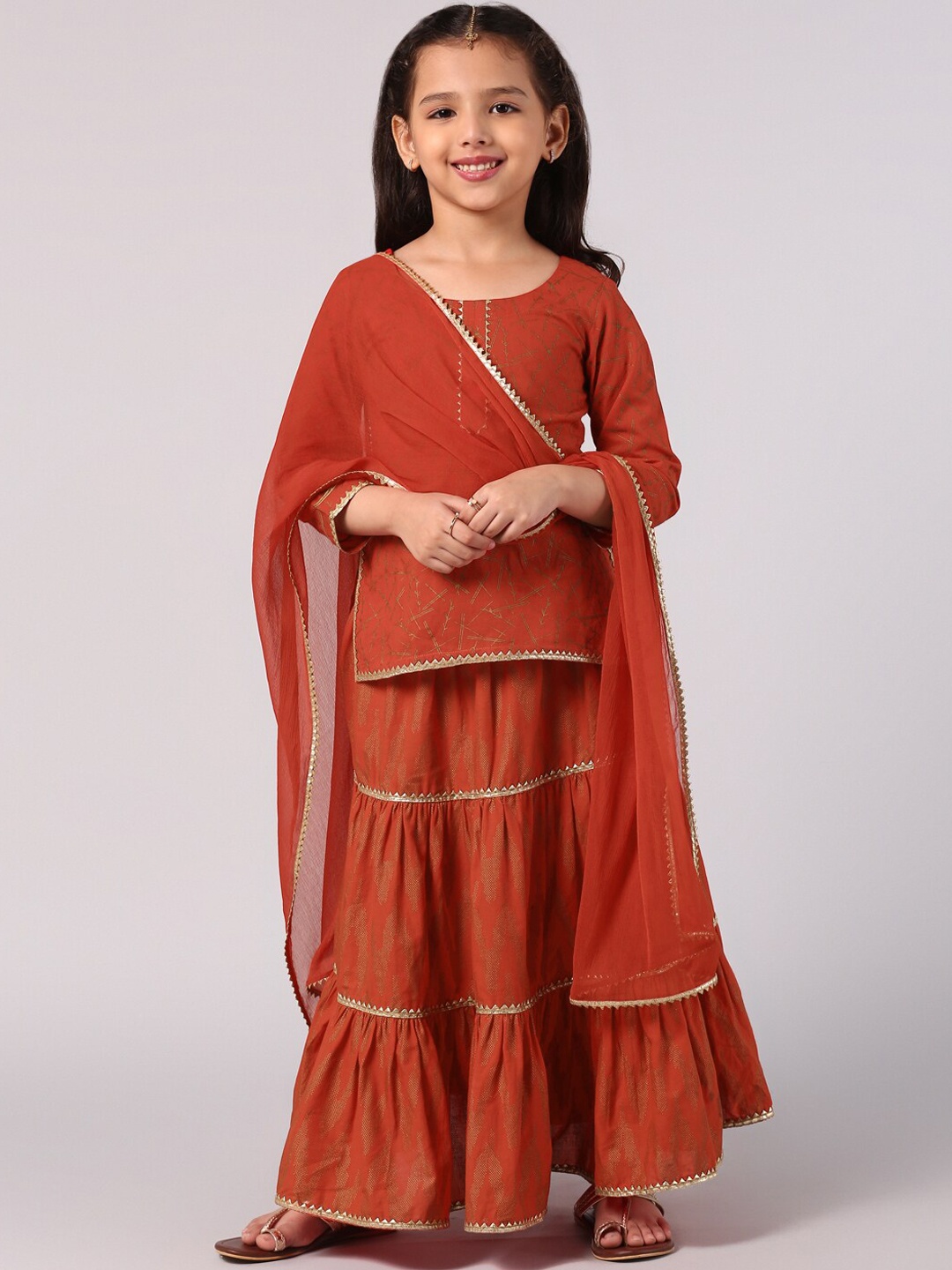

Libas KIDS Girls Red Printed Regular Pure Cotton Kurti with Skirt & With Dupatta