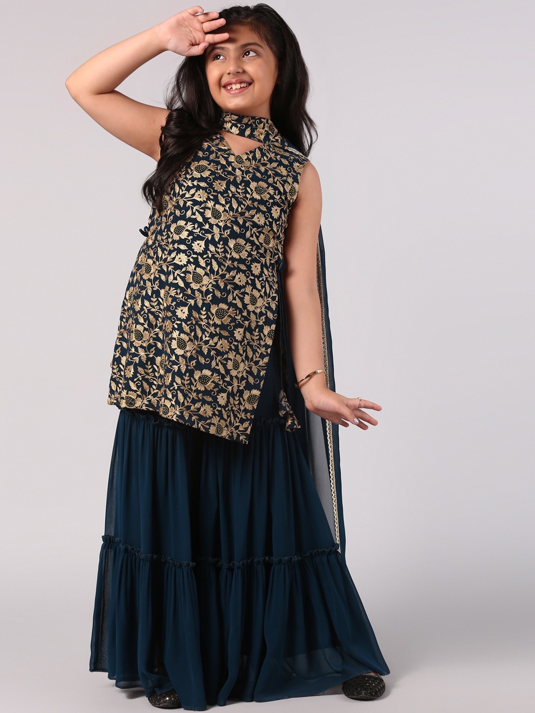 

Libas KIDS Girls Blue Floral Embroidered Kurti with Sharara & With Dupatta