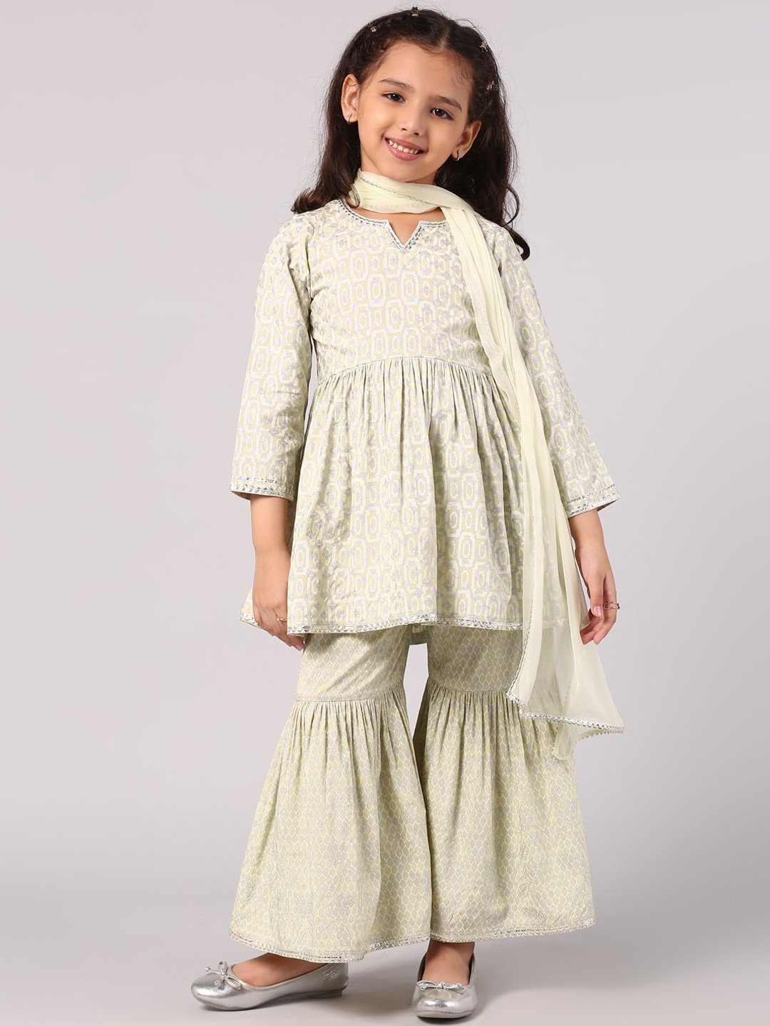 

Libas KIDS Girls Yellow Ethnic Motifs Pleated Pure Cotton Kurti with Sharara & Dupatta