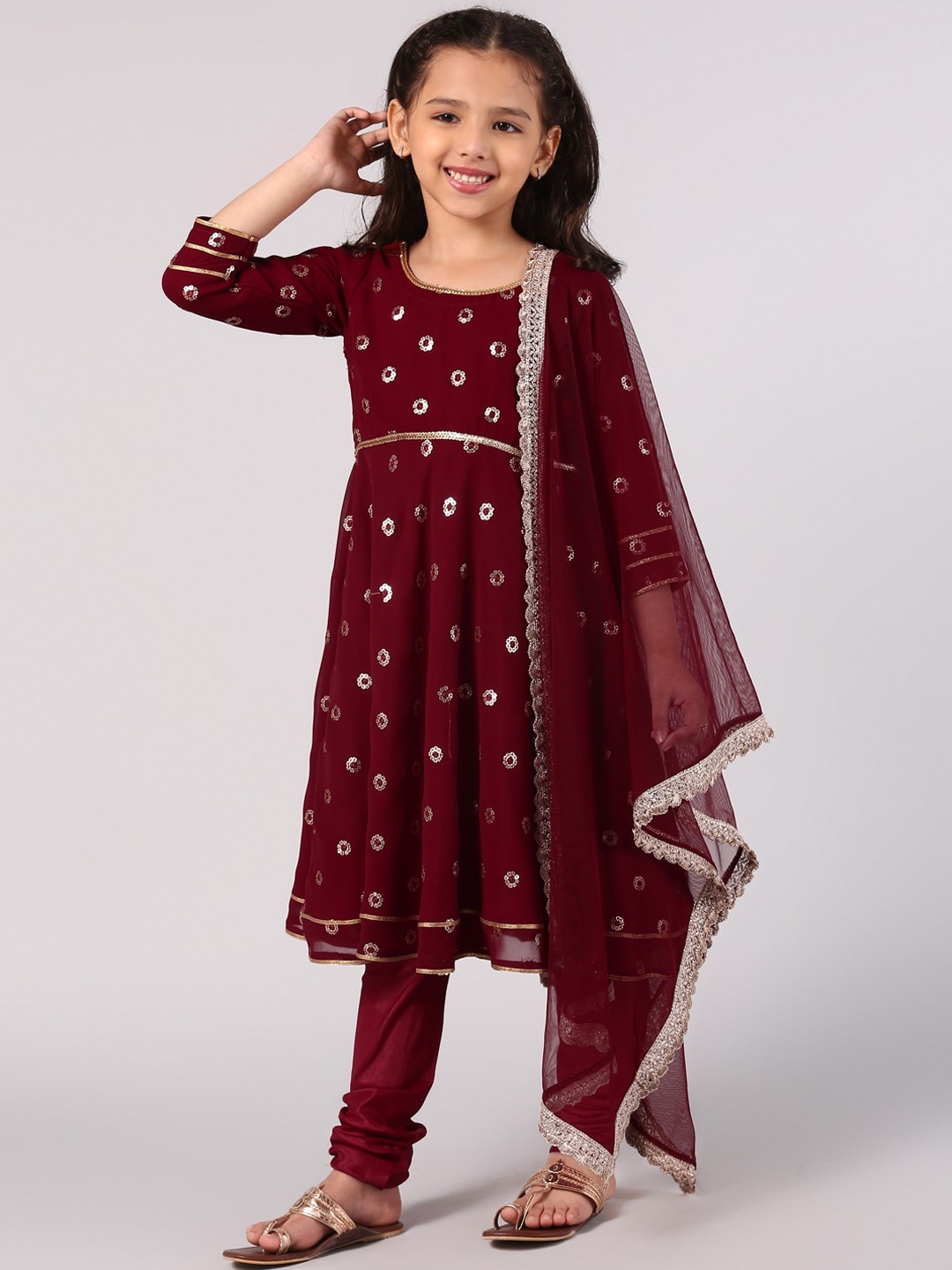 

Libas KIDS Girls Maroon & Gold-Toned Floral Sequinned Kurta With Churidar & Dupatta