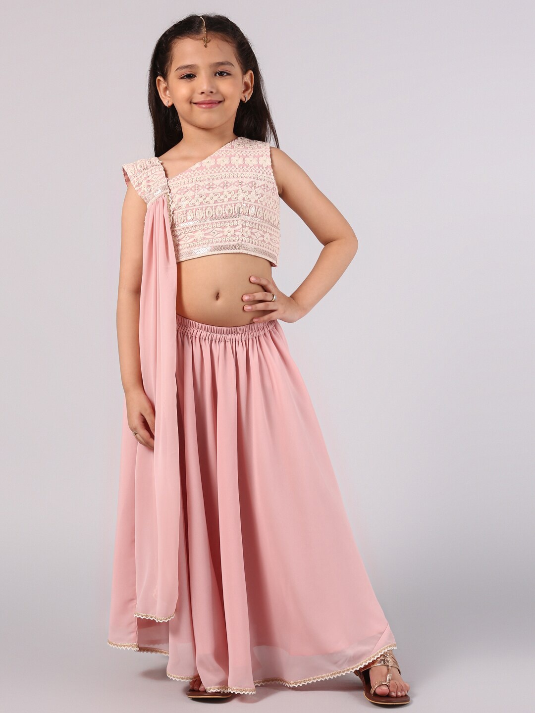 

Libas KIDS Girls Pink & Silver-Toned Embroidered Ready to Wear Lehenga & Blouse With Dupatta