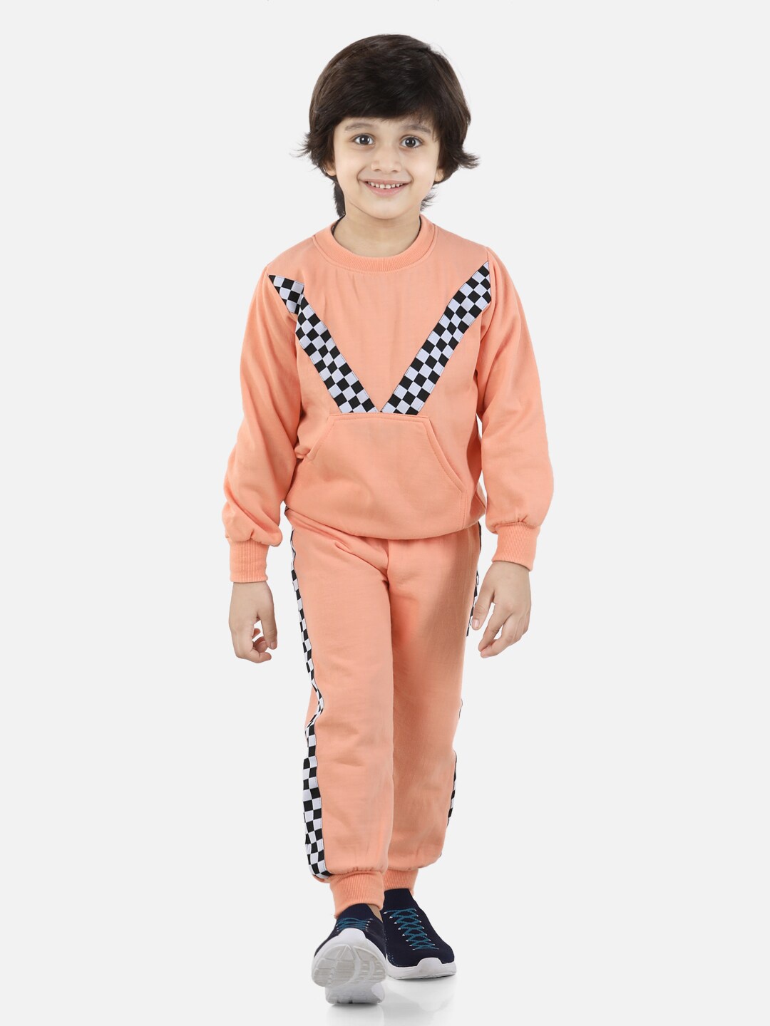 

Cutiekins Boys Peach-Coloured & Black Box Lace Front Pocket Sweatshirt With Joggers