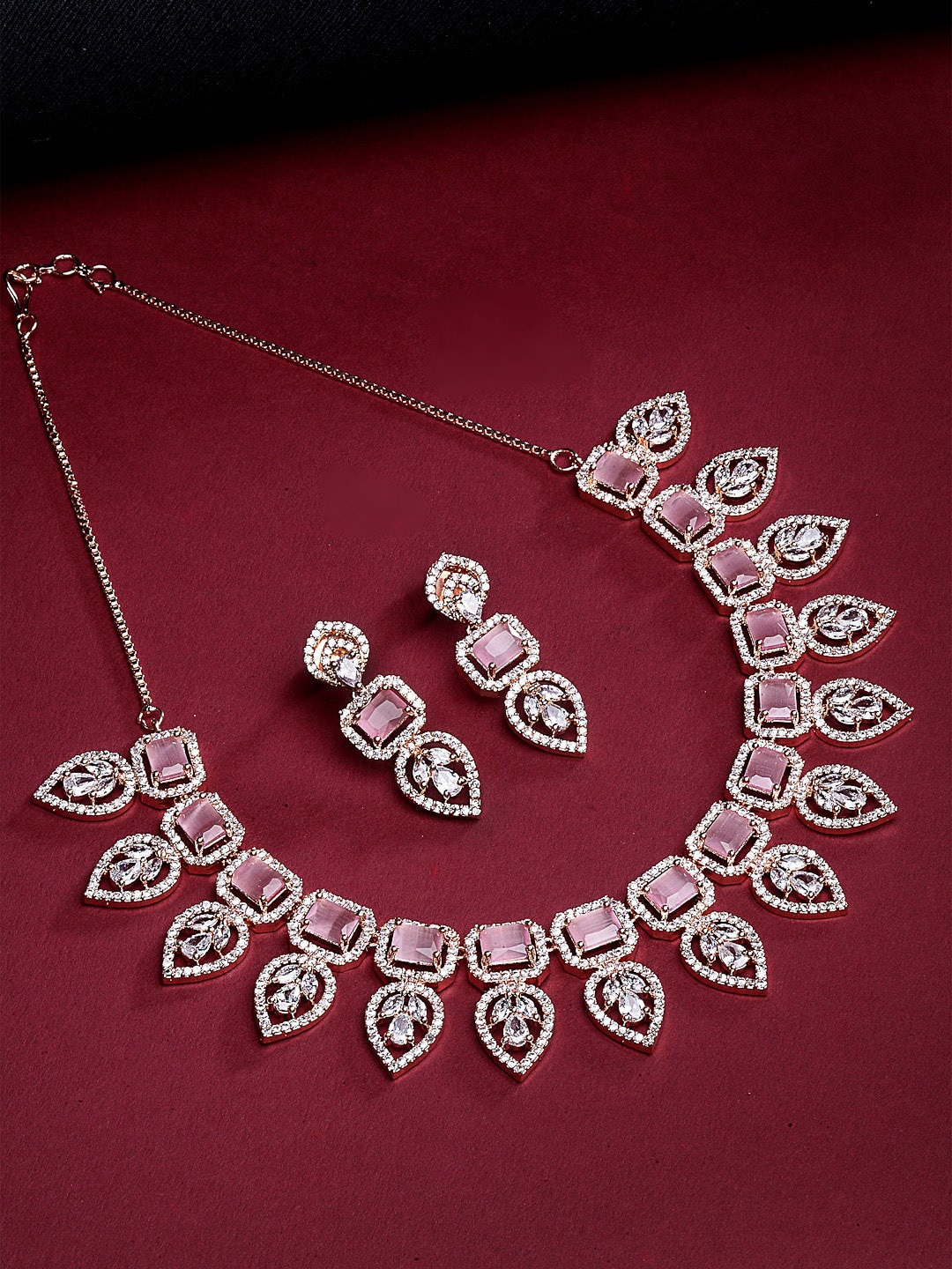 

ZENEME Rose Gold-Plated White & Pink Crystal Studded Handcrafted Jewellery Set