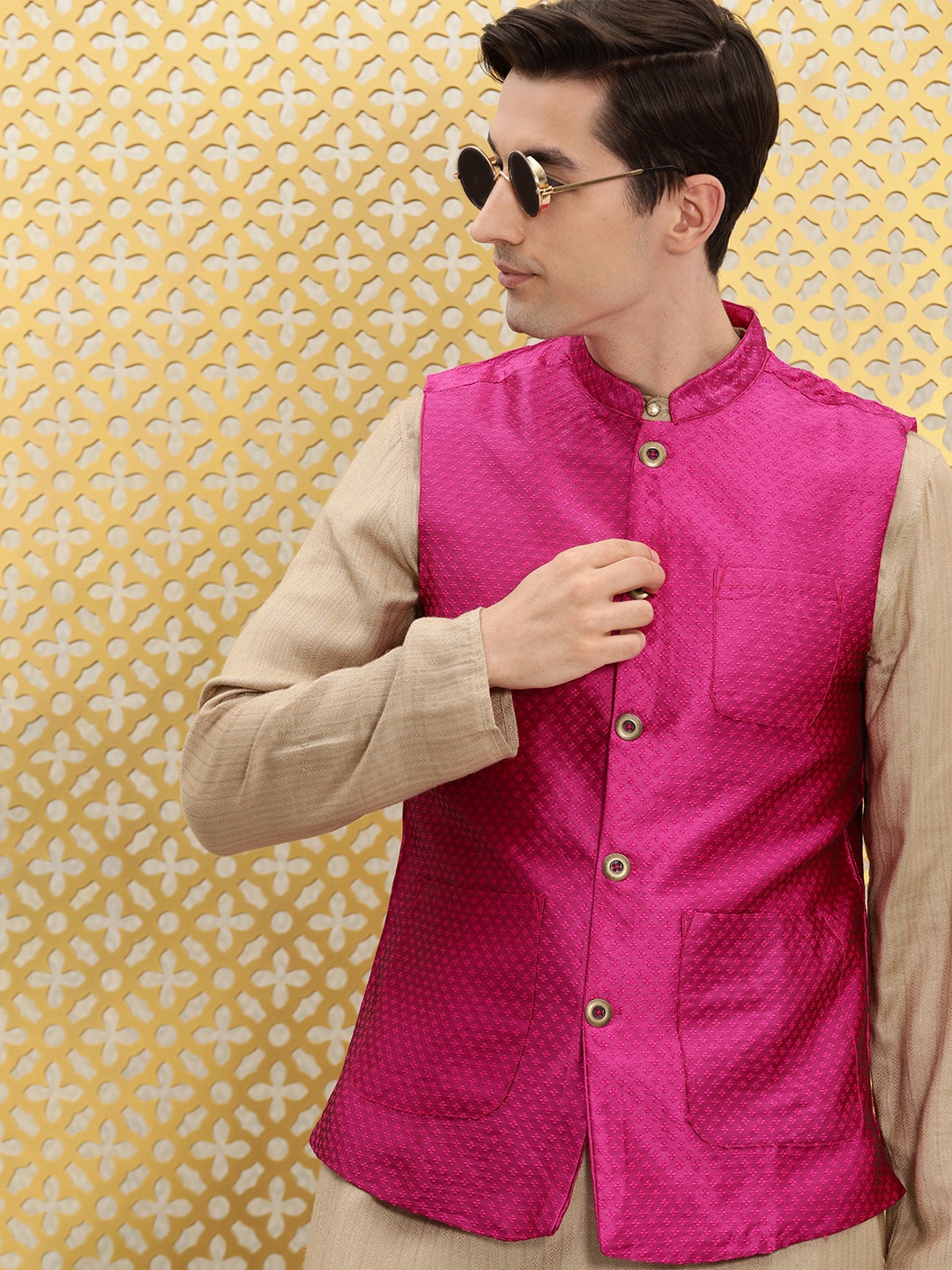 

Ode by House of Pataudi Men Fuchsia Pink Woven Design Nehru Jacket
