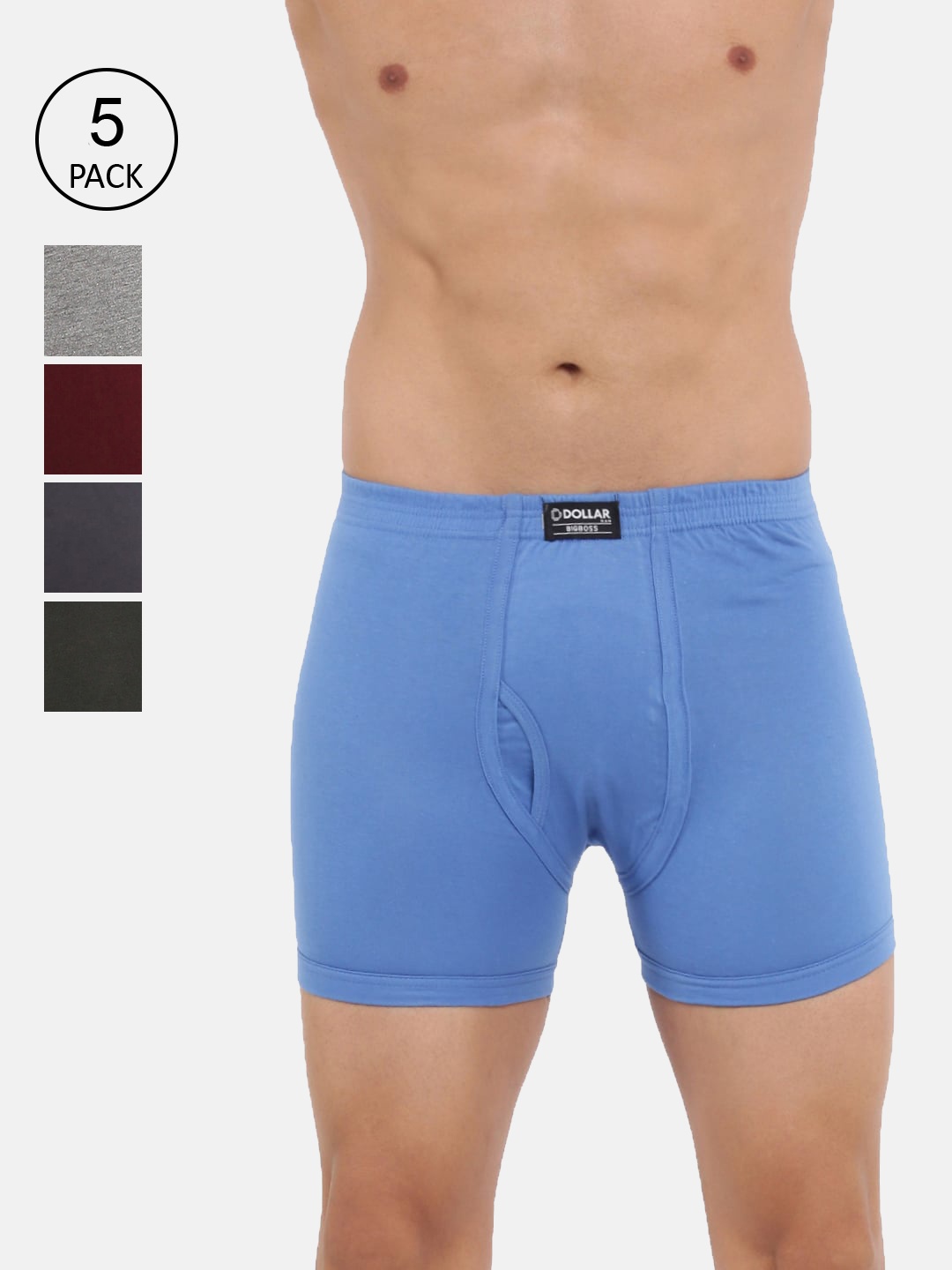 

Dollar Bigboss Men Solid Pack of 5 Combed Cotton Plush-Backed Waistband Trunk, Assorted