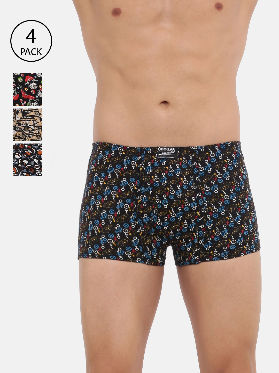 

Dollar Bigboss Men Printed Pack of 4 Soft Combed Cotton Trunk, Assorted