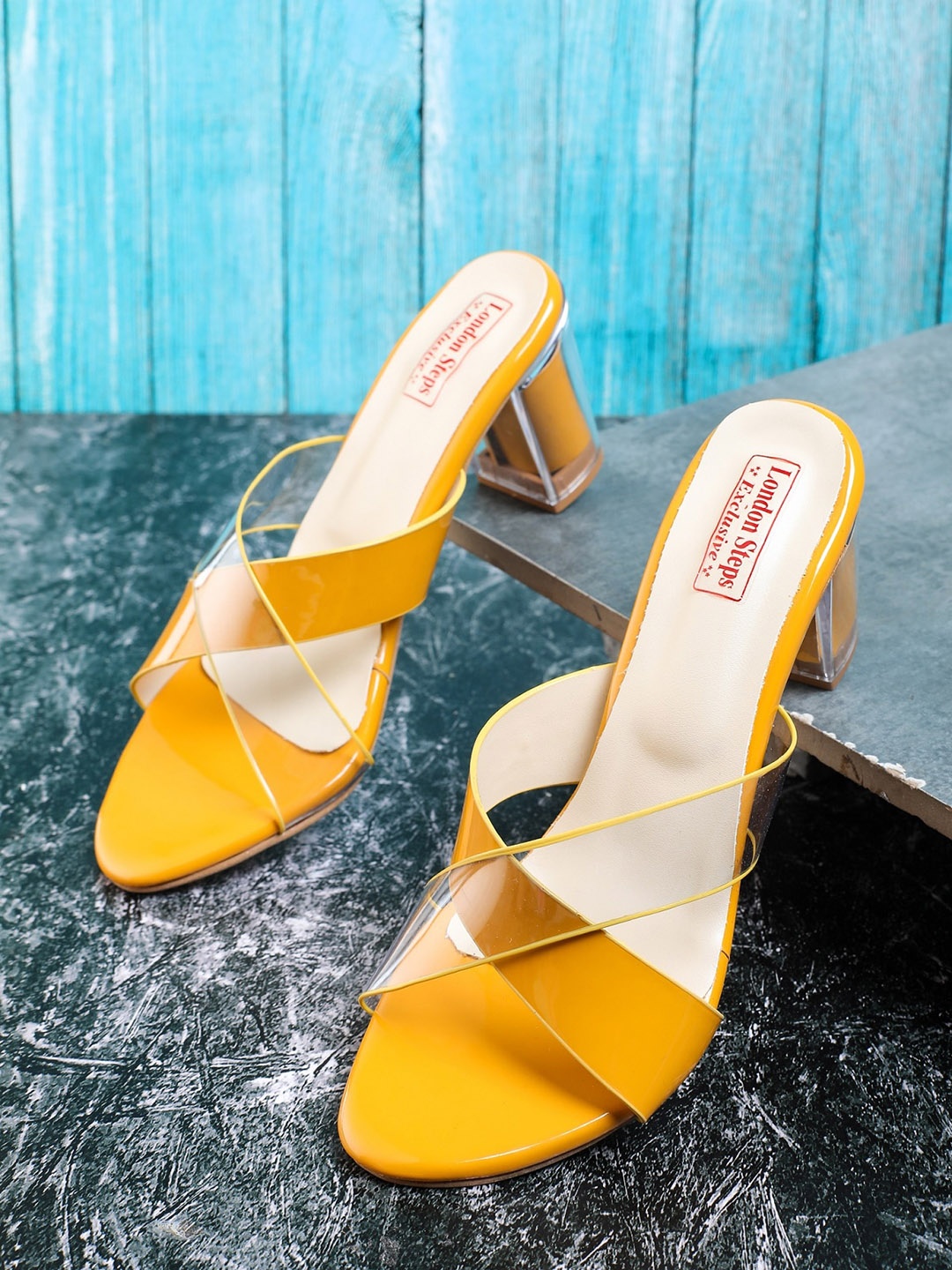 

LONDON STEPS Yellow Colourblocked Block Mules with Bows