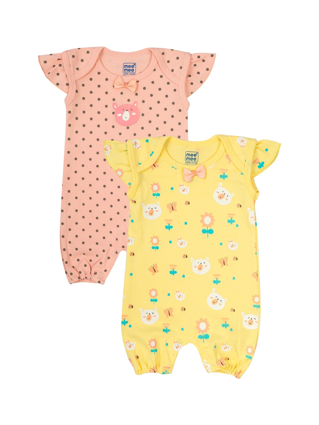 

MeeMee Infant Girls Pack Of 2 Yellow & White Printed Cotton Rompers