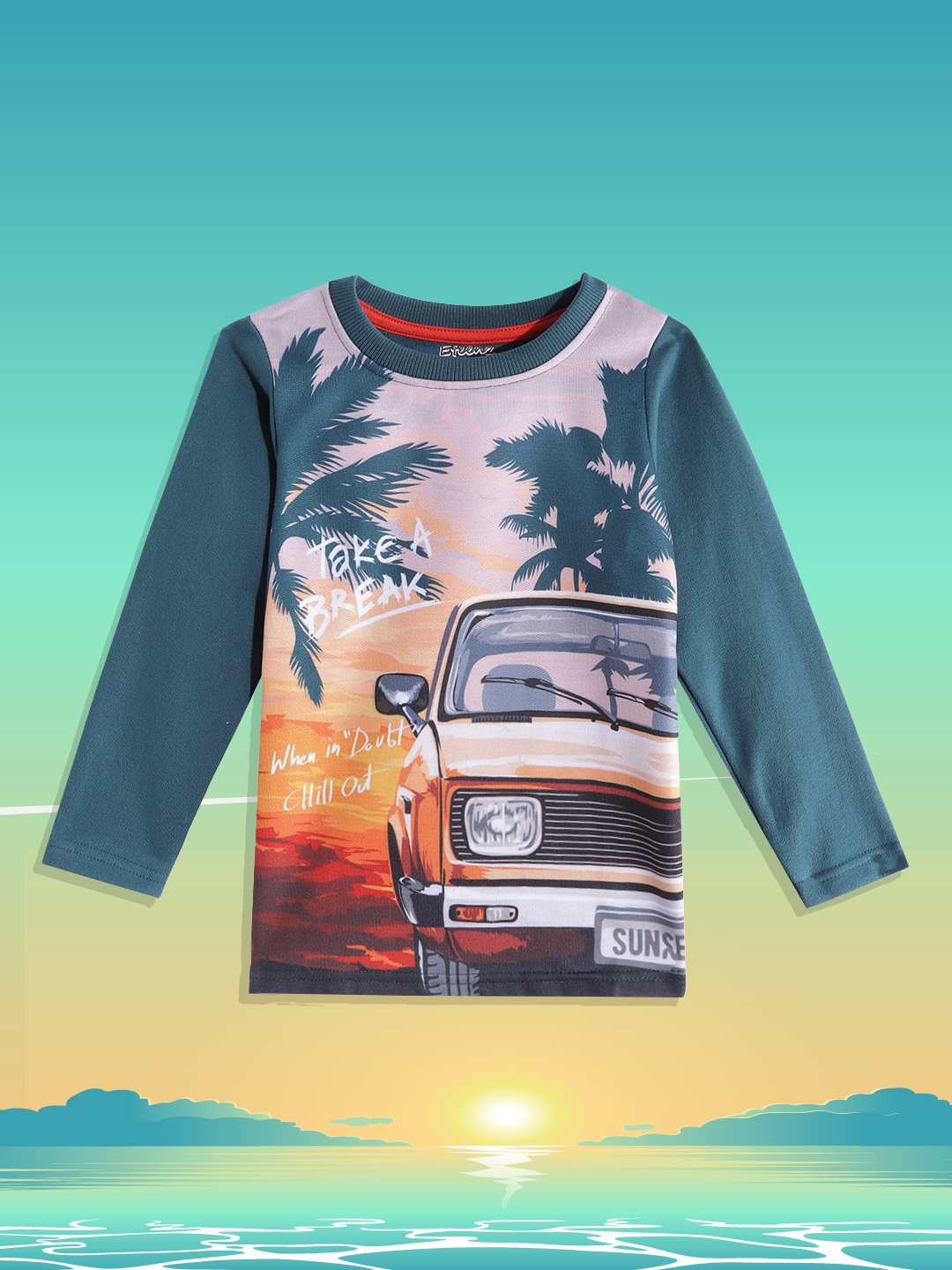

Eteenz Boys Teal Blue & Beige Graphic Printed Pure Cotton Sweatshirt