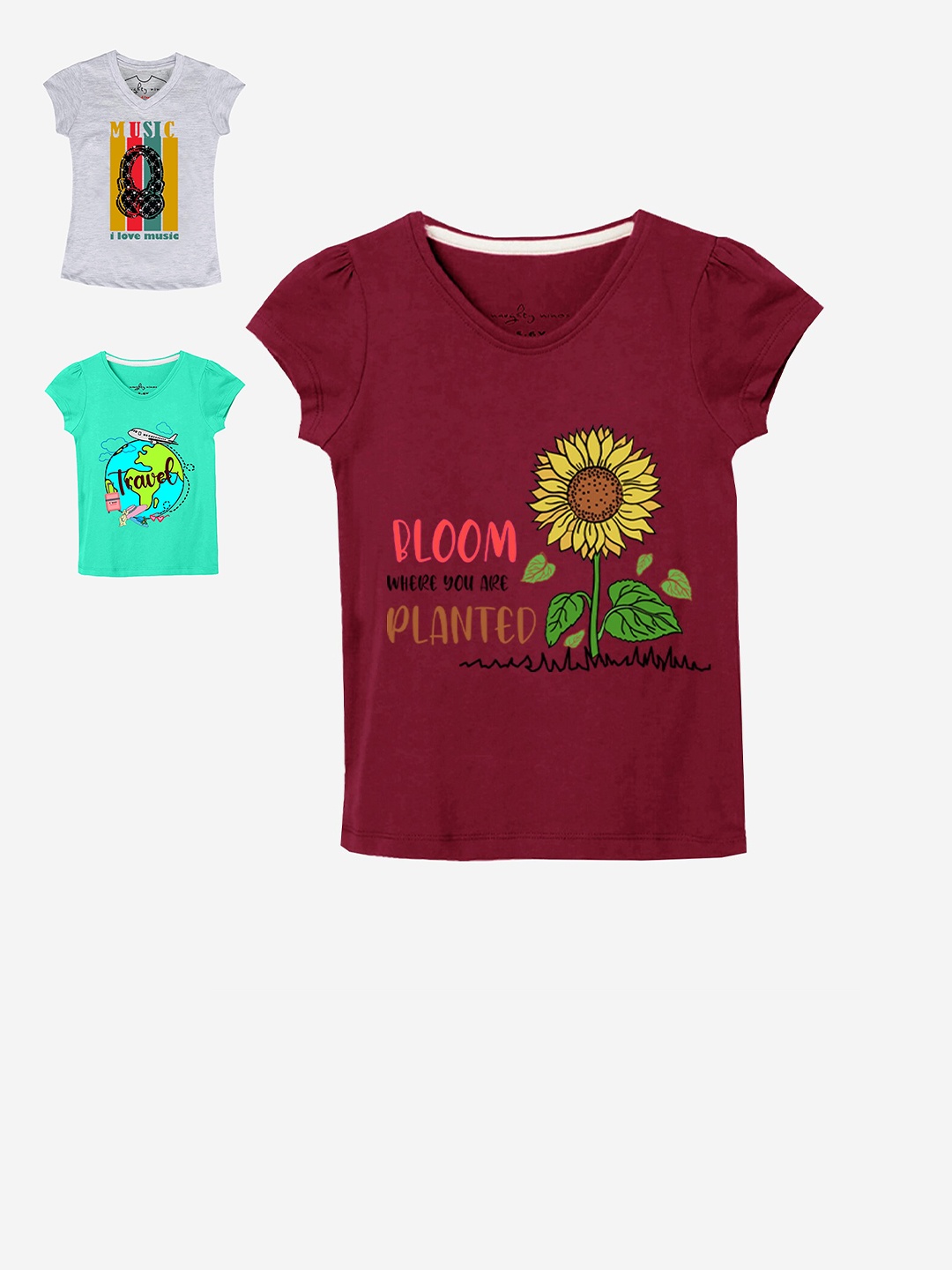 

Naughty Ninos Girls Pack of 3 Printed Cotton T-shirt, Maroon
