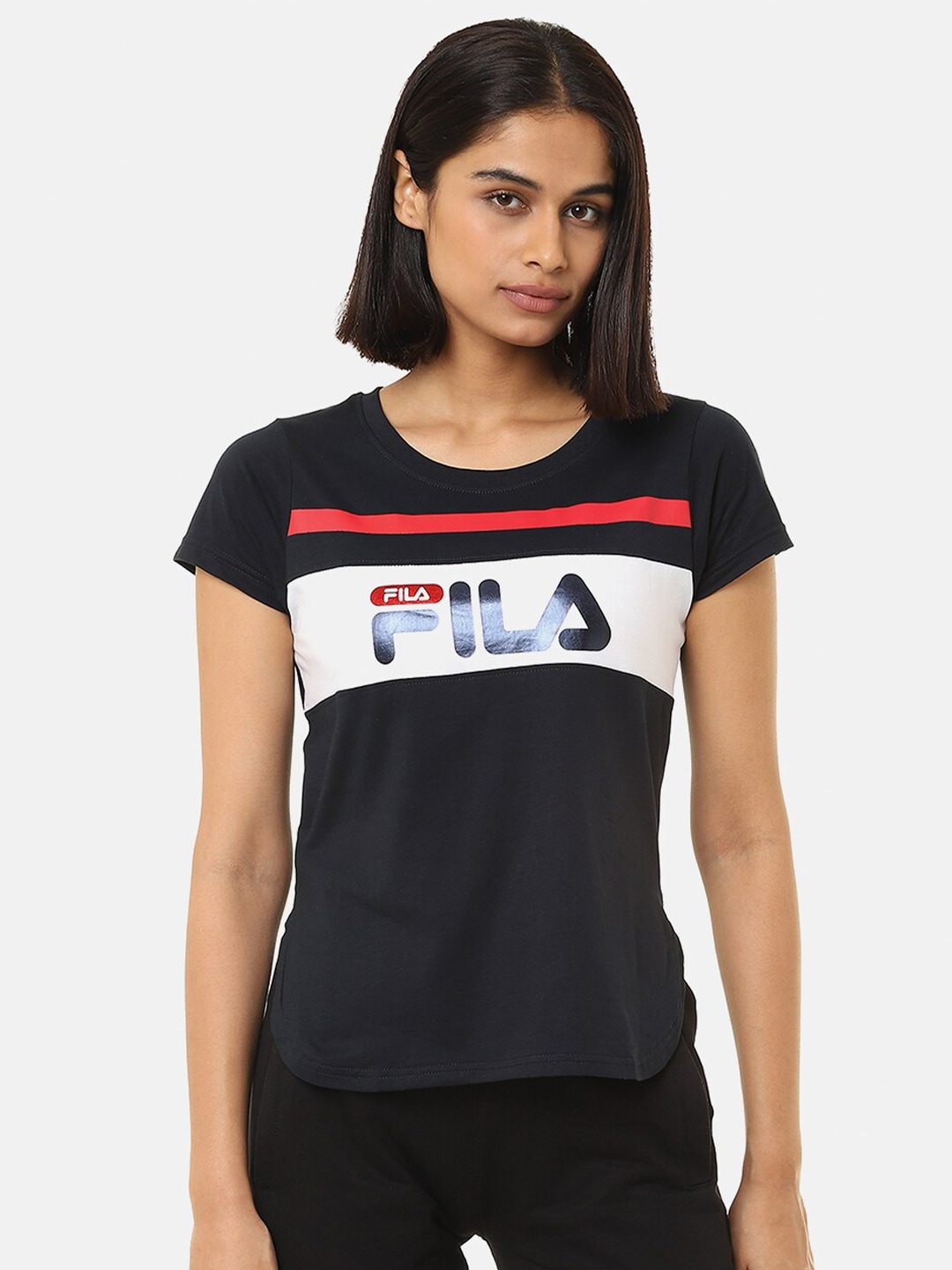 

FILA Women Blue Printed Extended Sleeves Applique T-shirt