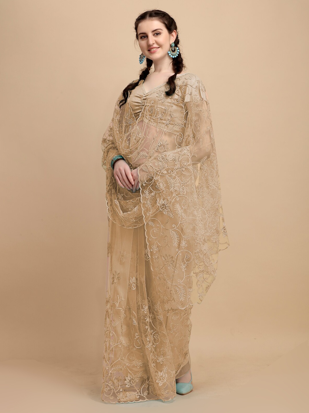 

Mitera Cream-Coloured Embellished Embroidered Net Heavy Work Saree