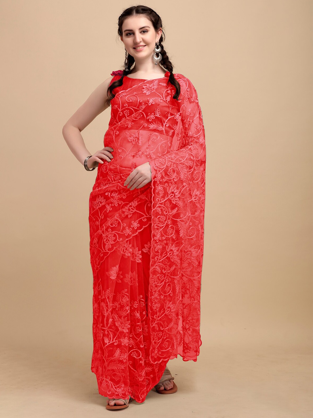 

Mitera Red Floral Embroidered Net Heavy Work Saree