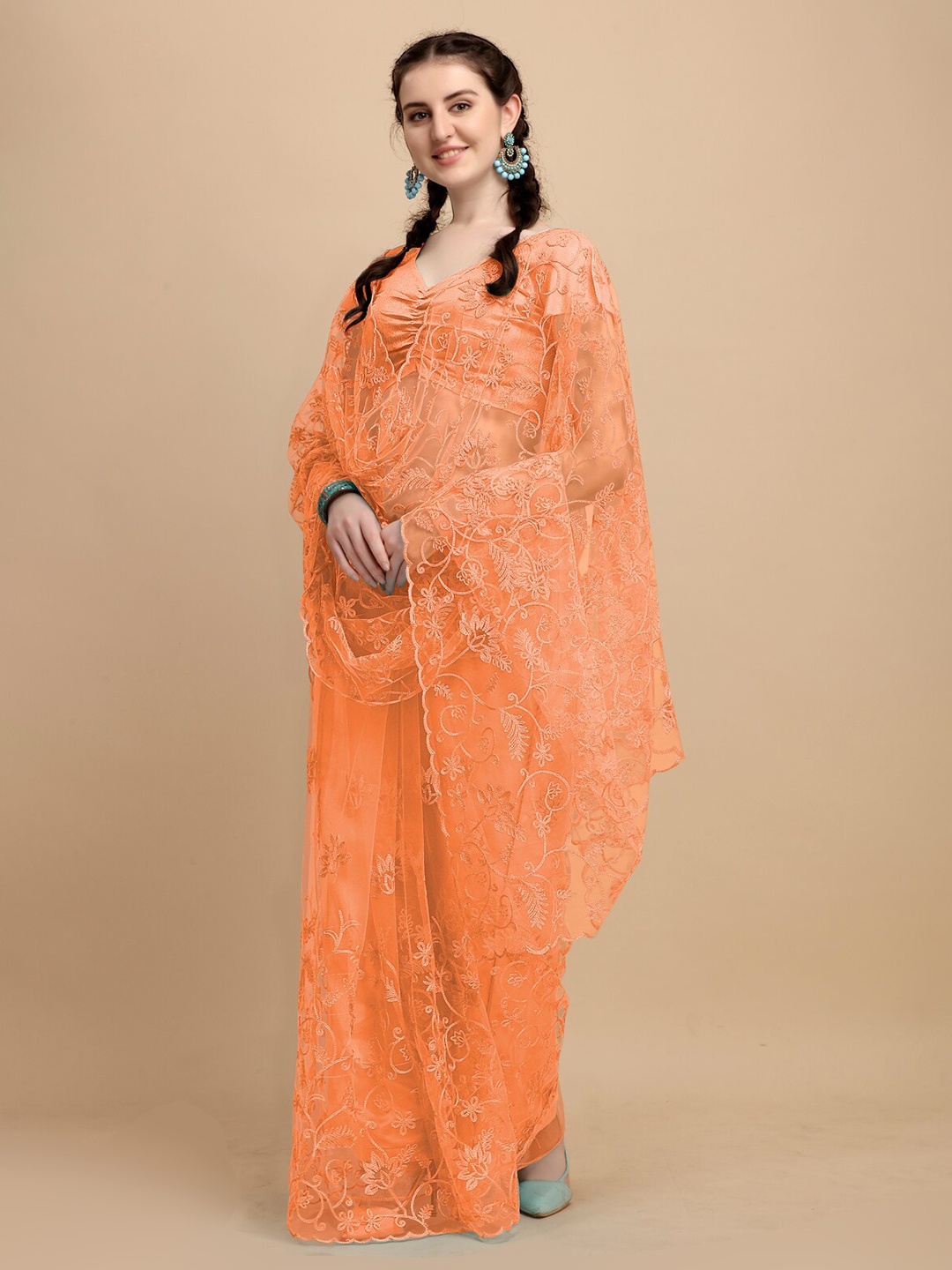 

Mitera Peach-Coloured Embellished Embroidered Net Heavy Work Saree